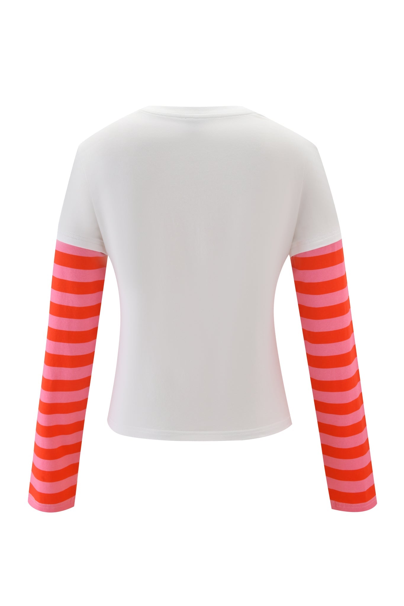 The FAFI DOUBLE LAYER TEE - WHITE by I.AM.GIA features a plain white body and back, with bright pink and red horizontal striped sleeves. The top is shown photographed against a white background.