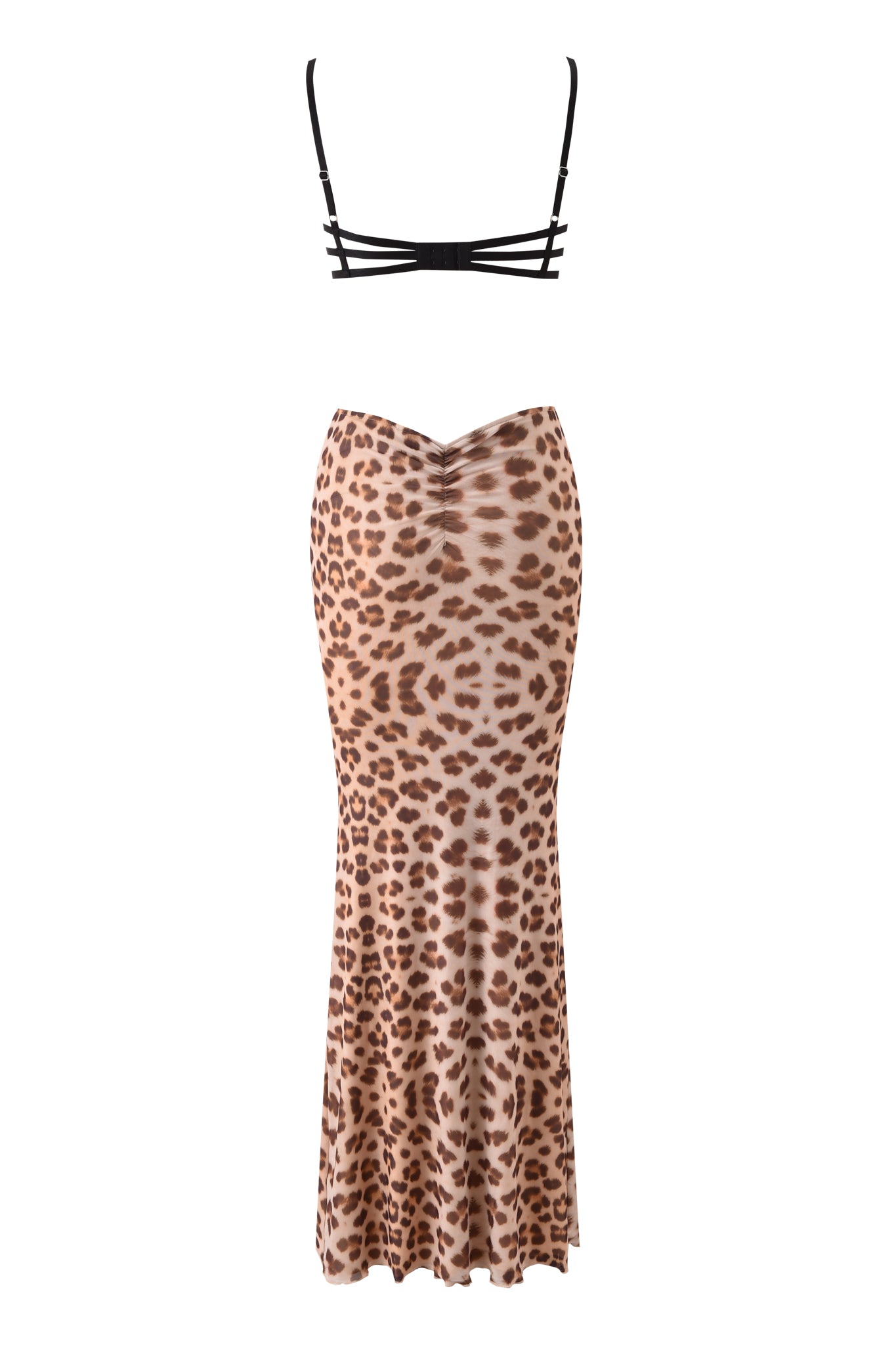 The SILO MAXI DRESS - LEOPARD by I.AM.GIA is a two-piece set with a black lace strappy bralette top and a high-waisted, ankle-length brown and tan leopard print skirt, shown on a white background.