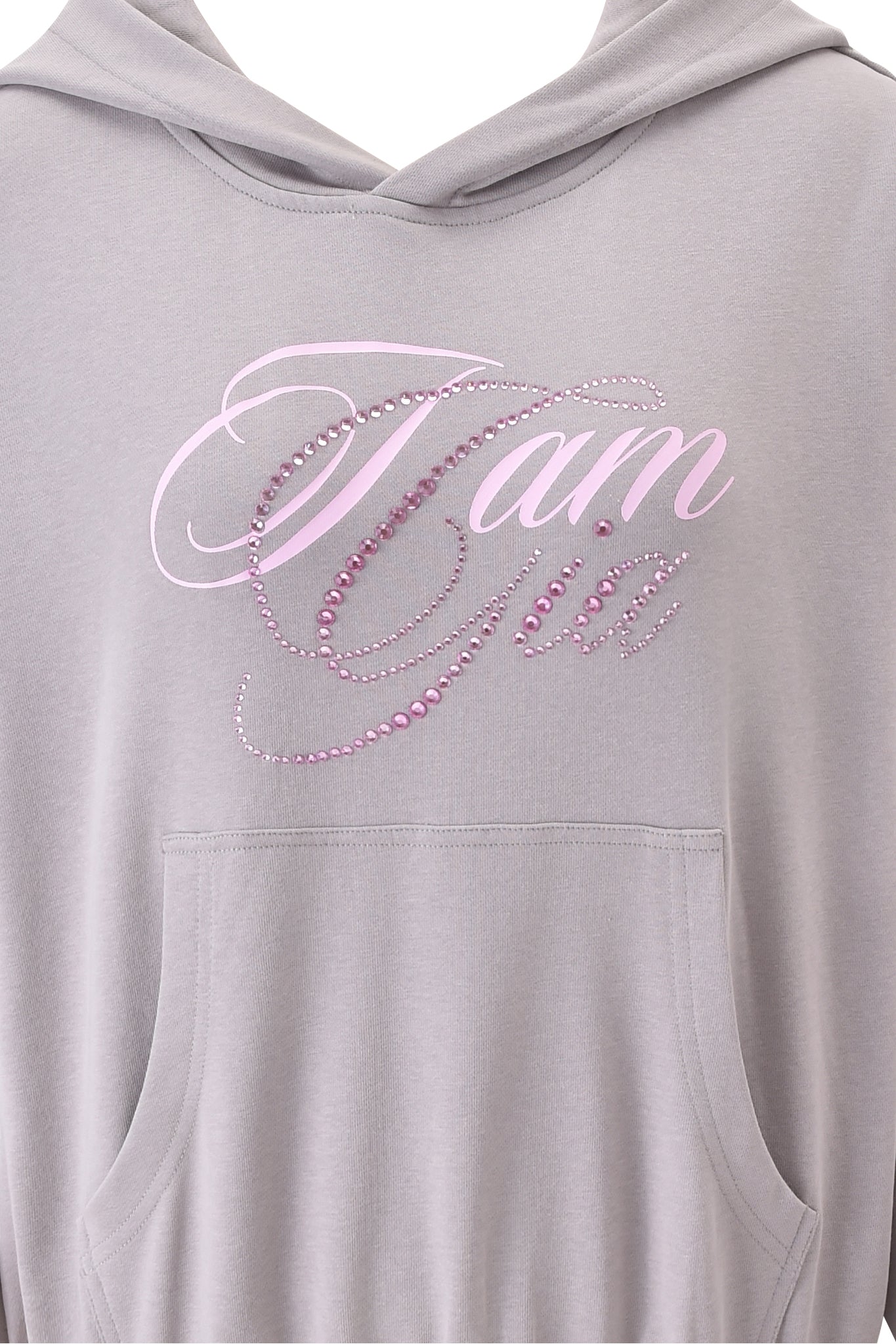 A close-up of the KADE HOODIE - GREY by I.AM.GIA, featuring a cropped fit, front pocket, pink "I am Gia" cursive lettering adorned with small pink rhinestones, and the signature Gia logo.