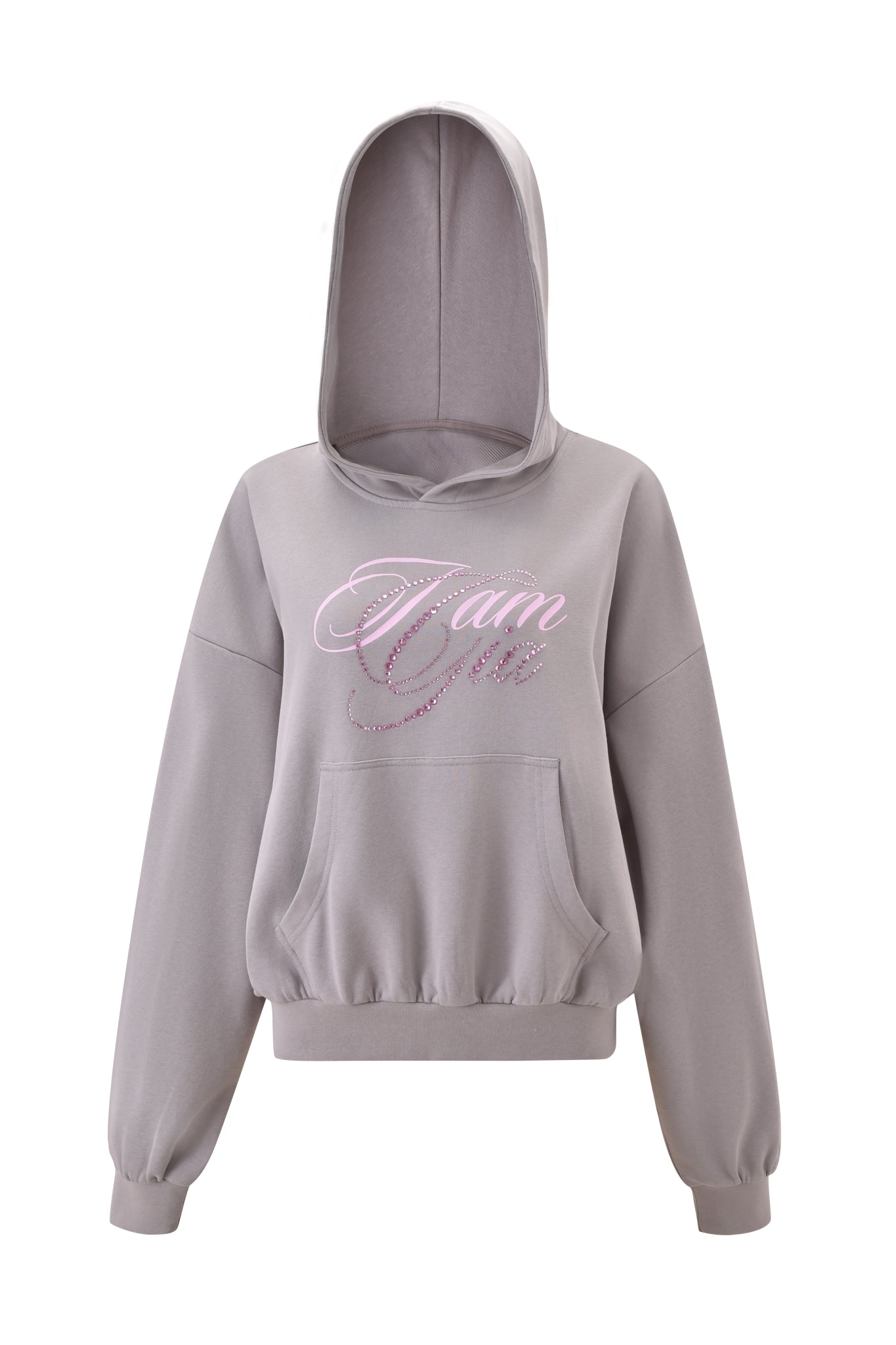 The KADE HOODIE - GREY by I.AM.GIA is a light gray cropped hoodie with a front pocket, elastic cuffs, and “I am” in pink and white cursive across the chest.