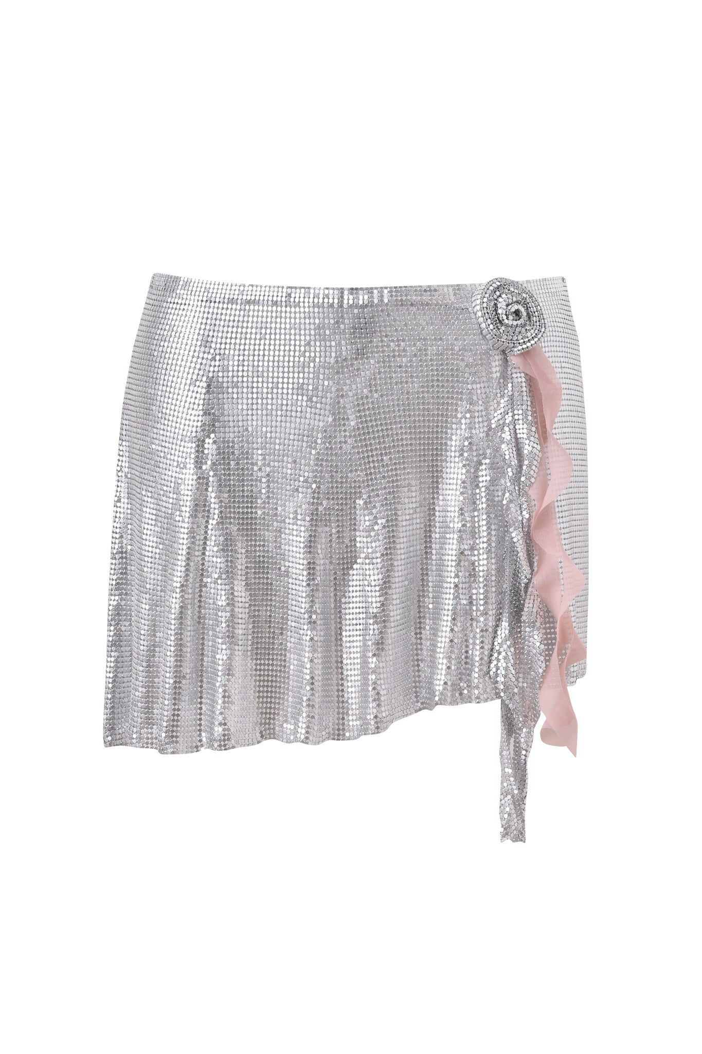The I.AM.GIA MILANA MINI SKIRT in silver features metallic chainmail, an asymmetric hem, a silver rosette, and a statement pink ruffle accent for a bold, textured look.