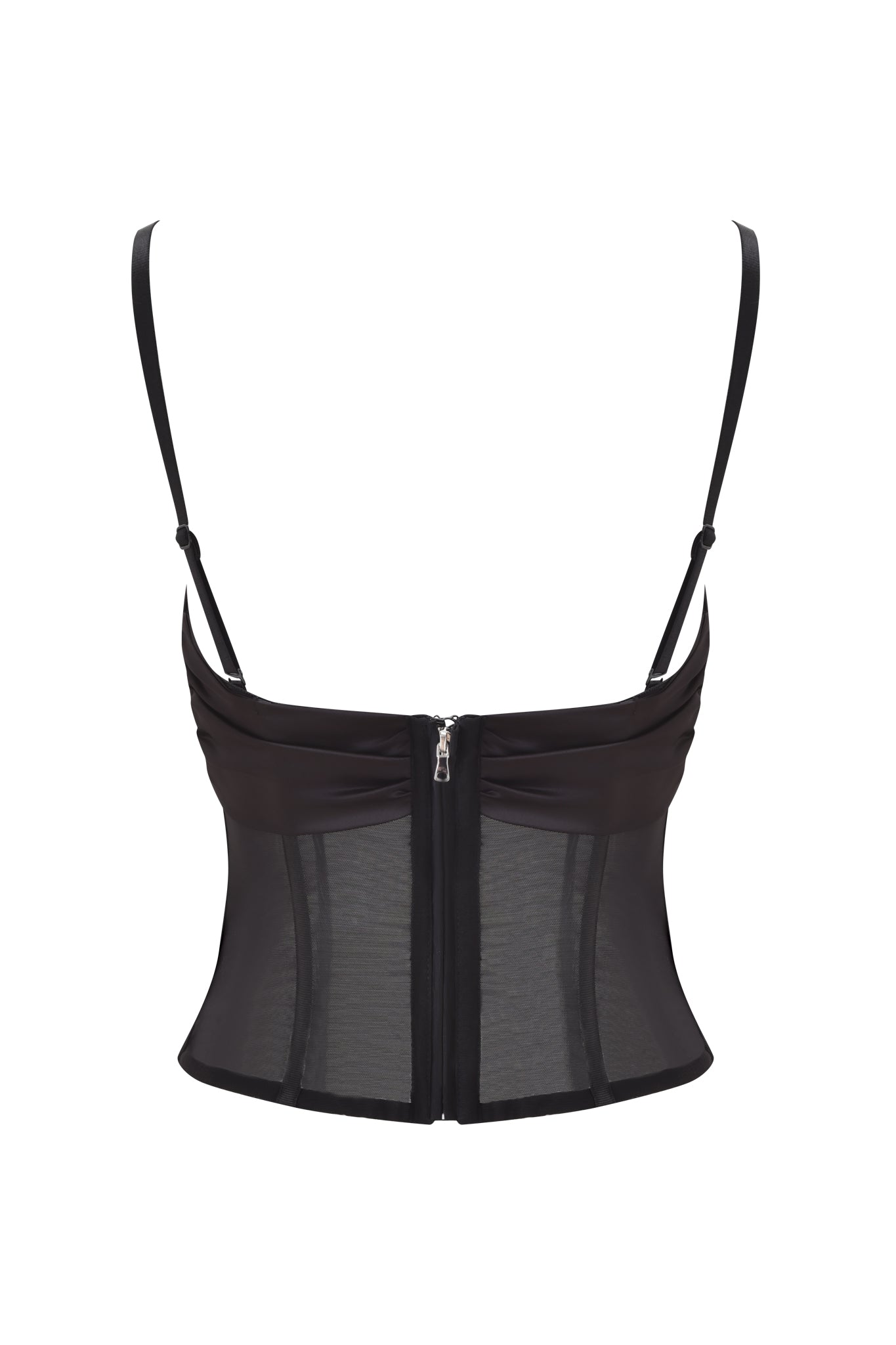 The I.AM.GIA LIVY CORSET - BLACK is a black mesh corset-style top with a sweetheart neckline, thin adjustable straps, sheer panels, structured boning detail, and a back zipper closure, shown against a white background.