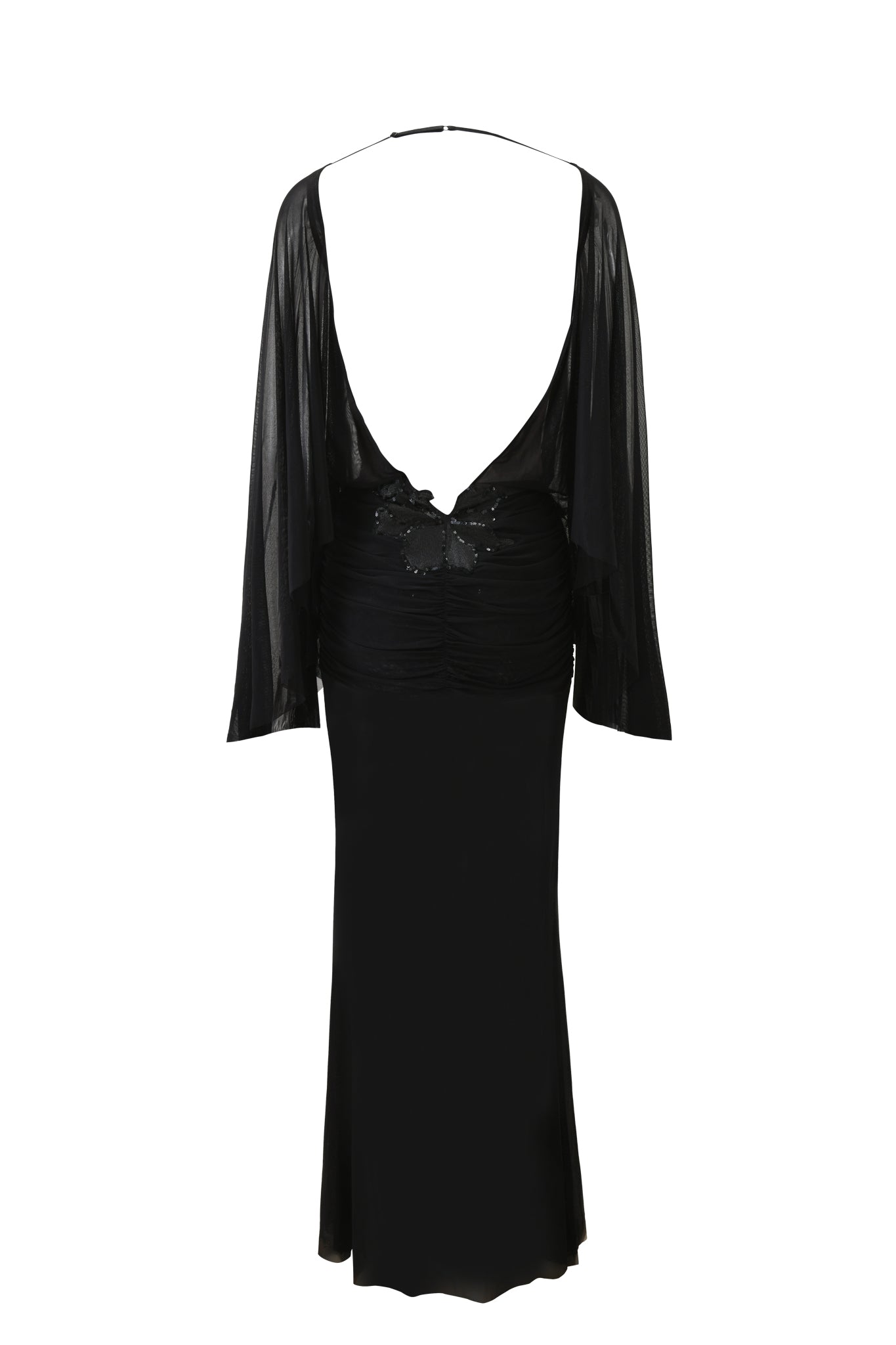 The I.AM.GIA ELARIA MAXI DRESS in black features sheer, loose sleeves, a deep open back with a subtle butterfly detail, and a fitted waist. Crafted from sheer mesh, it flows to an elegant mermaid hem.