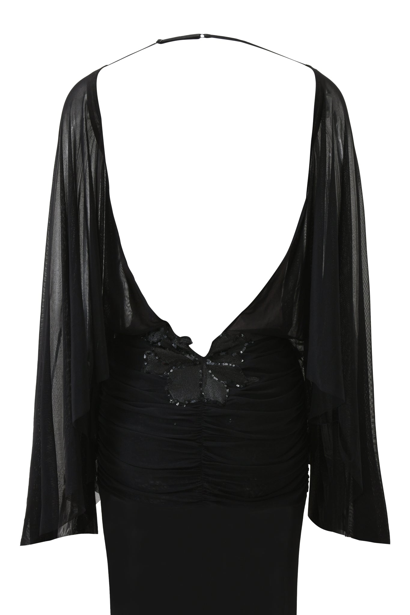 The ELARIA MAXI DRESS by I.AM.GIA is a black maxi dress with sheer, flowing sleeves, a deep low-cut back featuring sequin butterfly embellishment at the waist, and a mermaid hem for an elegant silhouette.