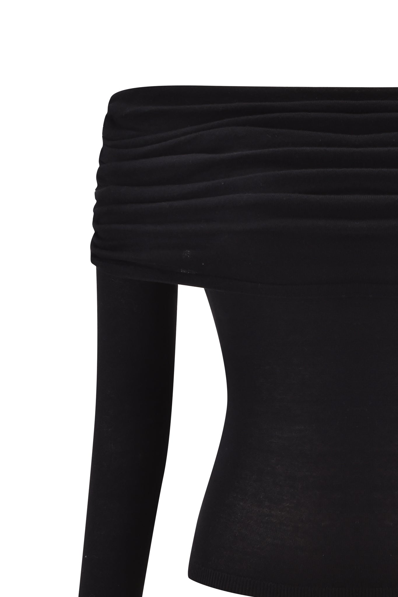 A close-up of the I.AM.GIA VEYRA LONG SLEEVE TOP in black, featuring an off-the-shoulder bodycon fit and ruched neckline detail, displayed against a white background.