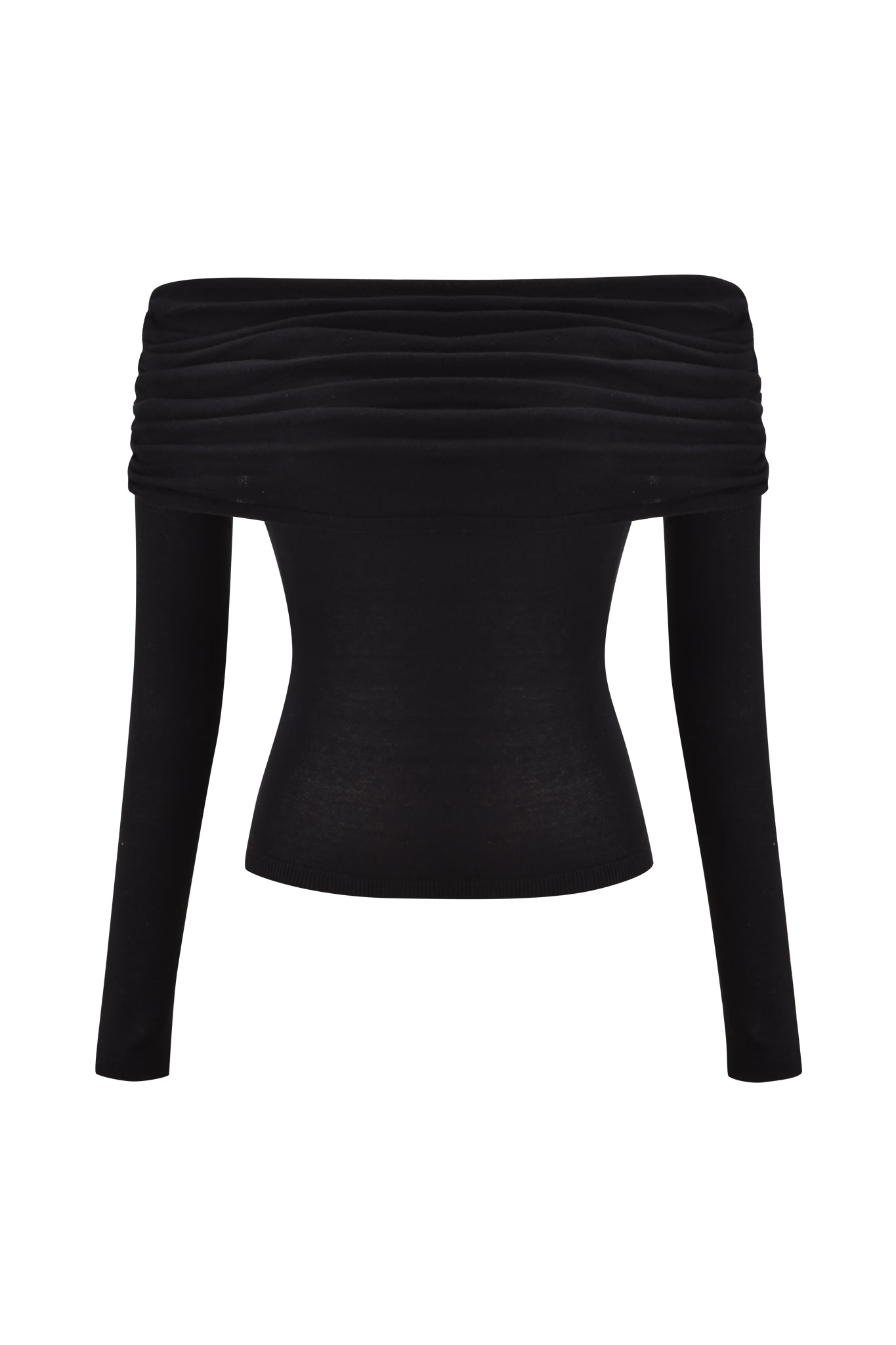 The VEYRA LONG SLEEVE TOP - BLACK by I.AM.GIA is a black, off-the-shoulder, cropped bodycon top with long sleeves and a ruched fold-over neckline, showcased against a clean white background.