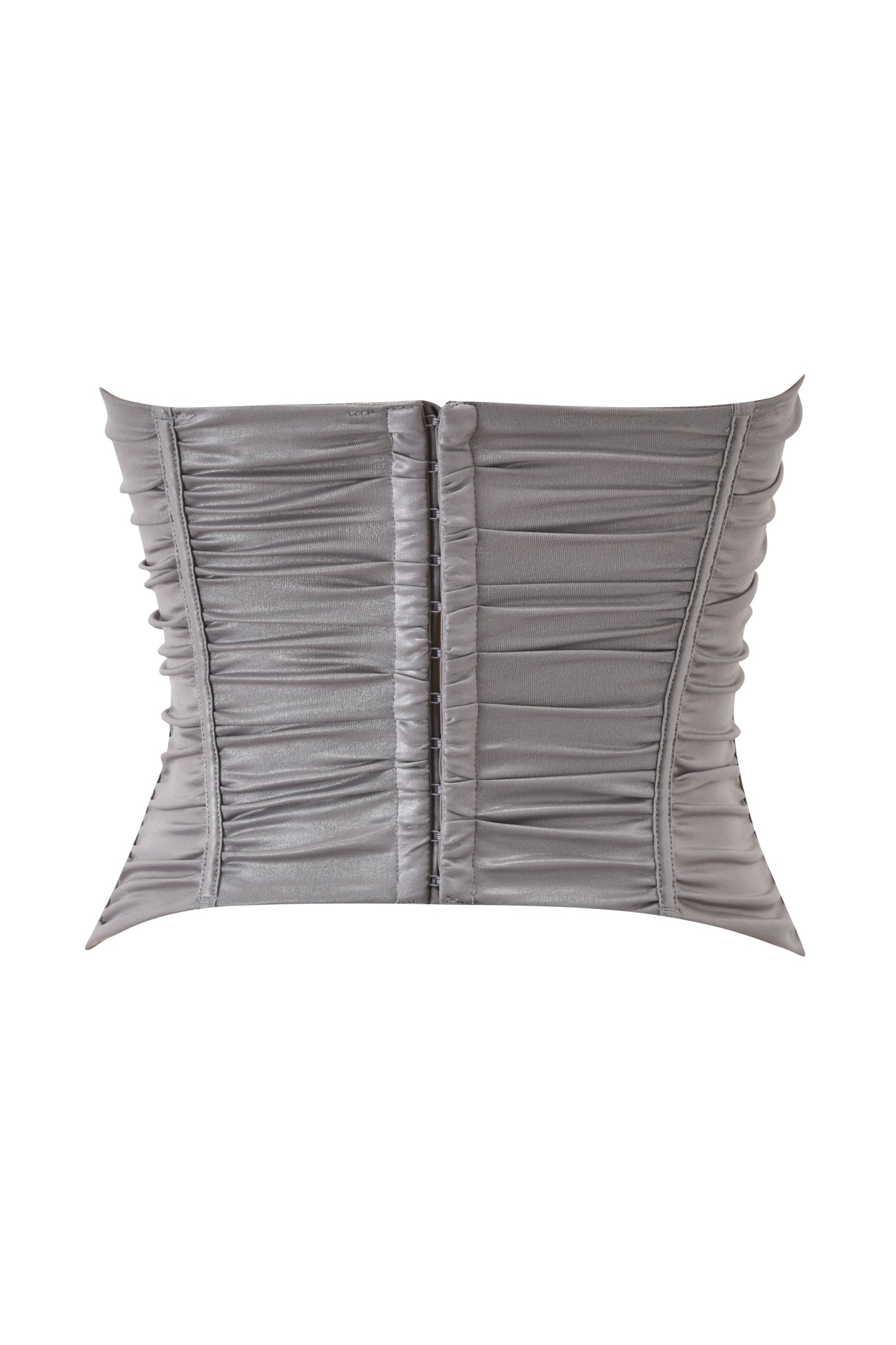 The I.AM.GIA VALE CORSET - SILVER is a metallic gray, wet-look jersey corset top with ruched detailing, structured panels, and back zipper with hook closure. Shown here against a white background.