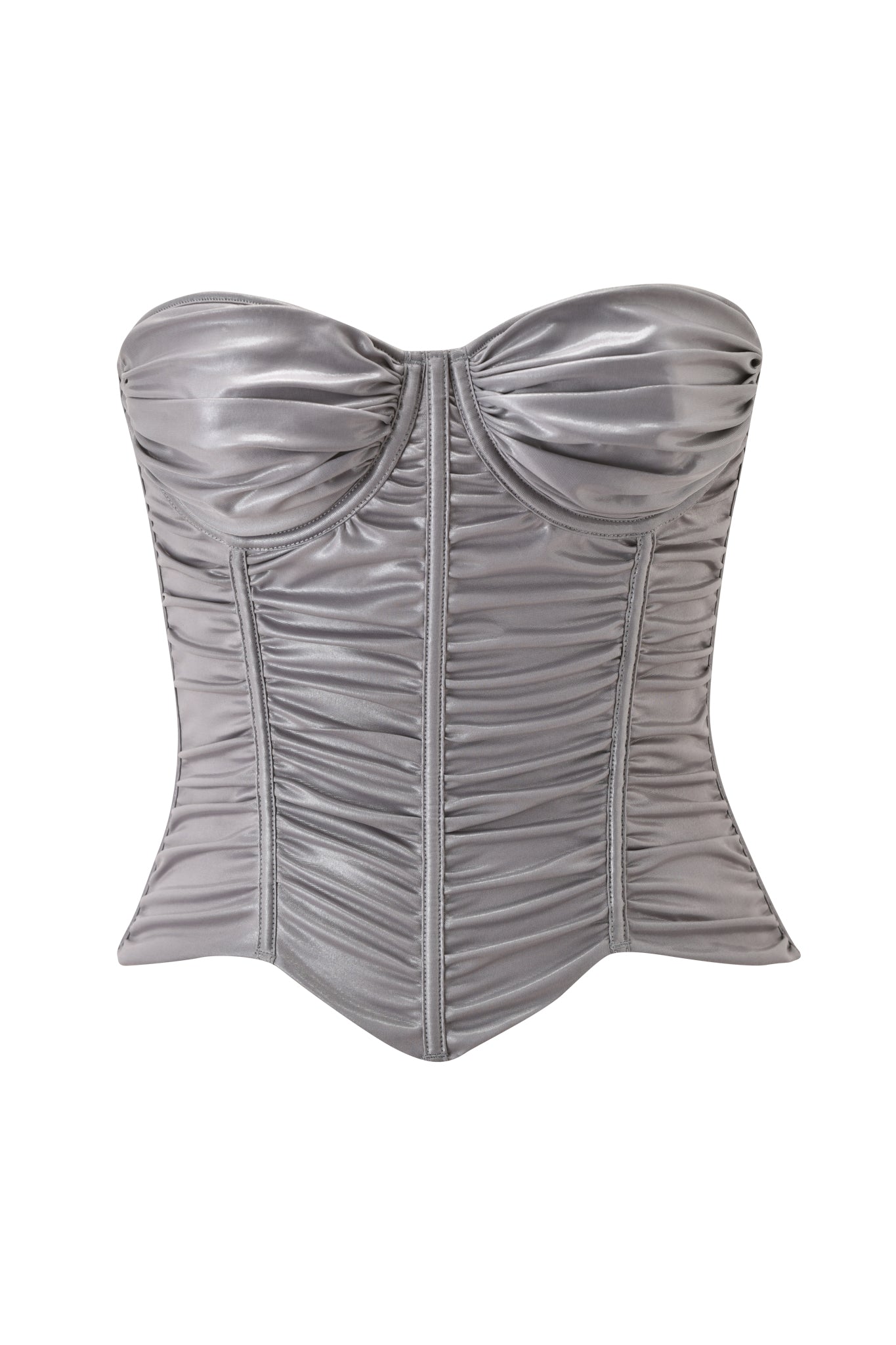 The I.AM.GIA VALE CORSET - SILVER is a strapless corset top in wet-look jersey with structured cups, vertical seams, and ruched details, shown against a plain white background.