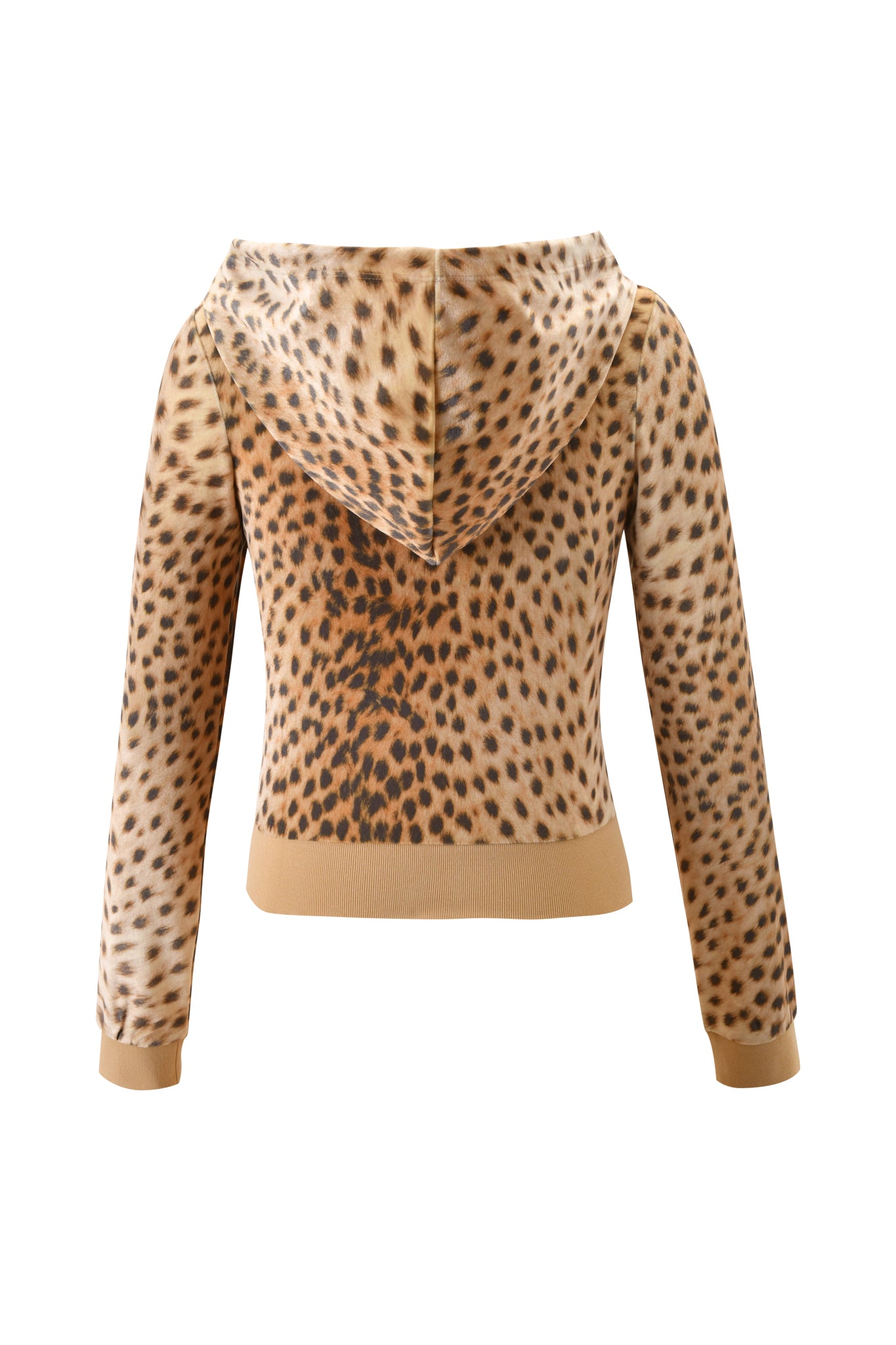 The I.AM.GIA X VON DUTCH Kameron Velour Jacket – Leopard is a long-sleeve velour hoodie with an all-over leopard print, tan cuffs and waistband, shown from the back for a bold statement look.