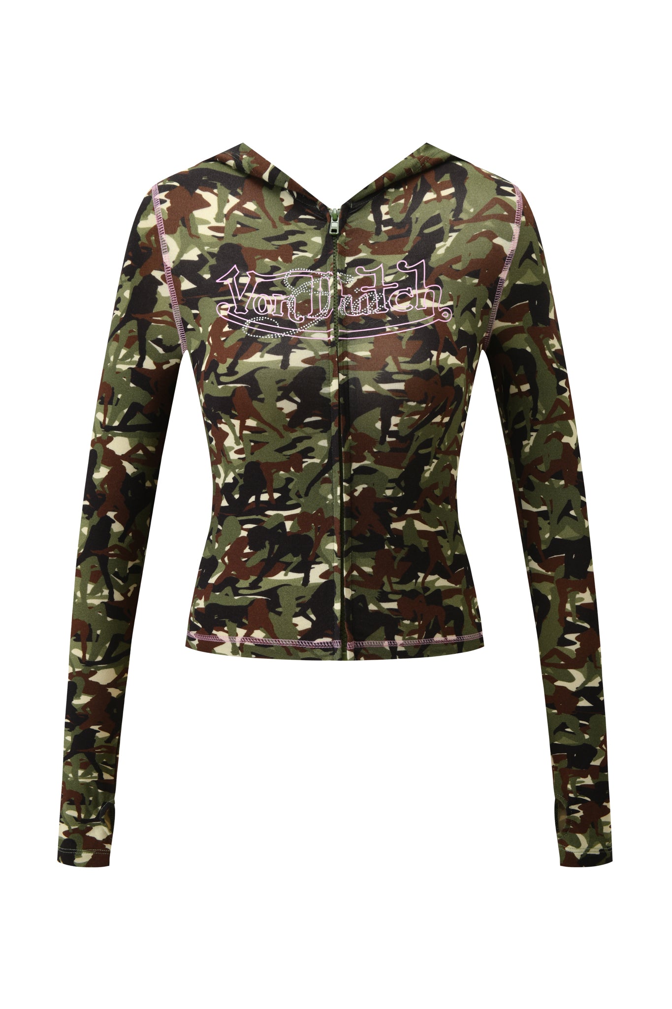 The I.AM.GIA X VON DUTCH BLARE HOODIE - GIA GIRL CAMO is a fitted, long-sleeve zip-up hoodie with a green, brown, and black camo print and "Von Dutch" embroidered in white and pink on the chest—part of a chic collaboration.