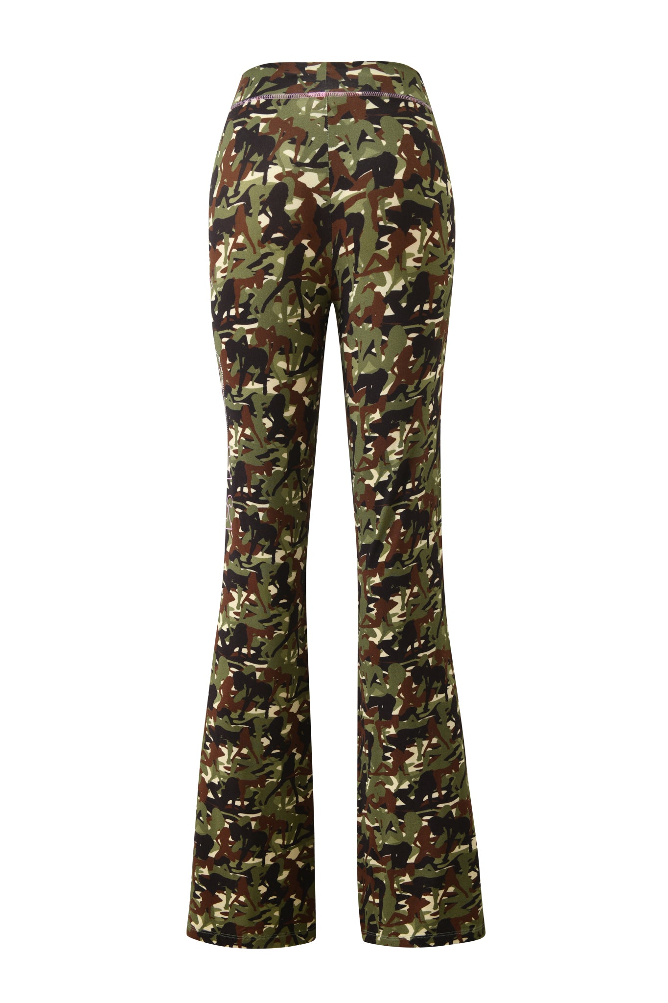 The I.AM.GIA X VON DUTCH BLARE TRACKPANT - STRIPPER CAMO is a high-waisted, flared trackpant featuring a green, brown, black, and tan camouflage pattern in soft bamboo fabric, shown from the back.