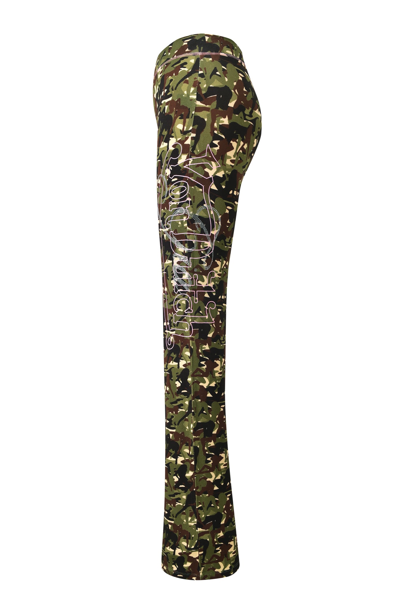 Side view of the I.AM.GIA X VON DUTCH BLARE TRACKPANT - STRIPPER CAMO in green camo with white Von Dutch text and graphics on the upper thigh and hip, shown against a white background.