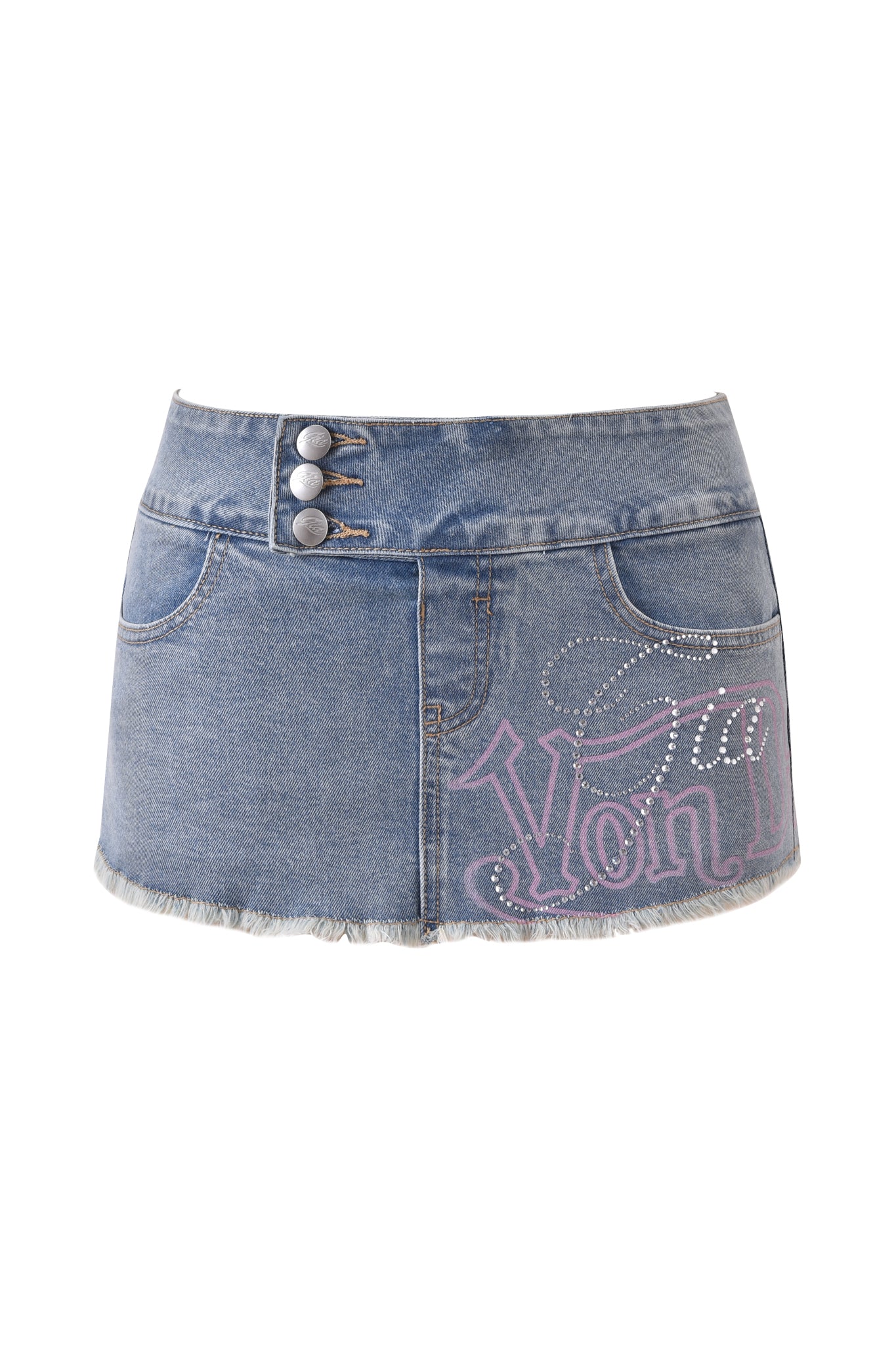 The I.AM.GIA X VON DUTCH SYNDRA DENIM MINI SKORT in light wash features a frayed hem, low rise waist, double button closure, front pockets, and a rhinestone "Von" graphic—showcasing the bold I.AM.GIA x Von Dutch collab.