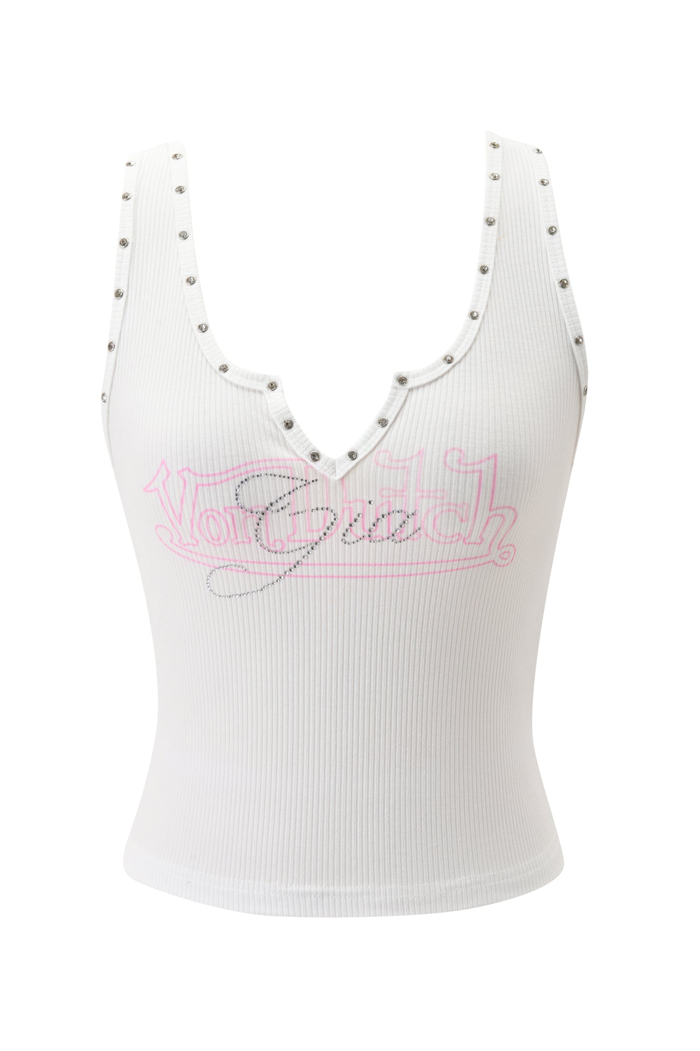 The I.AM.GIA X VON DUTCH VOLTI TOP in white features a rib knit design, deep V-neckline, silver stud trim, and “Von Dutch” in pink script for a striking update to your everyday style.