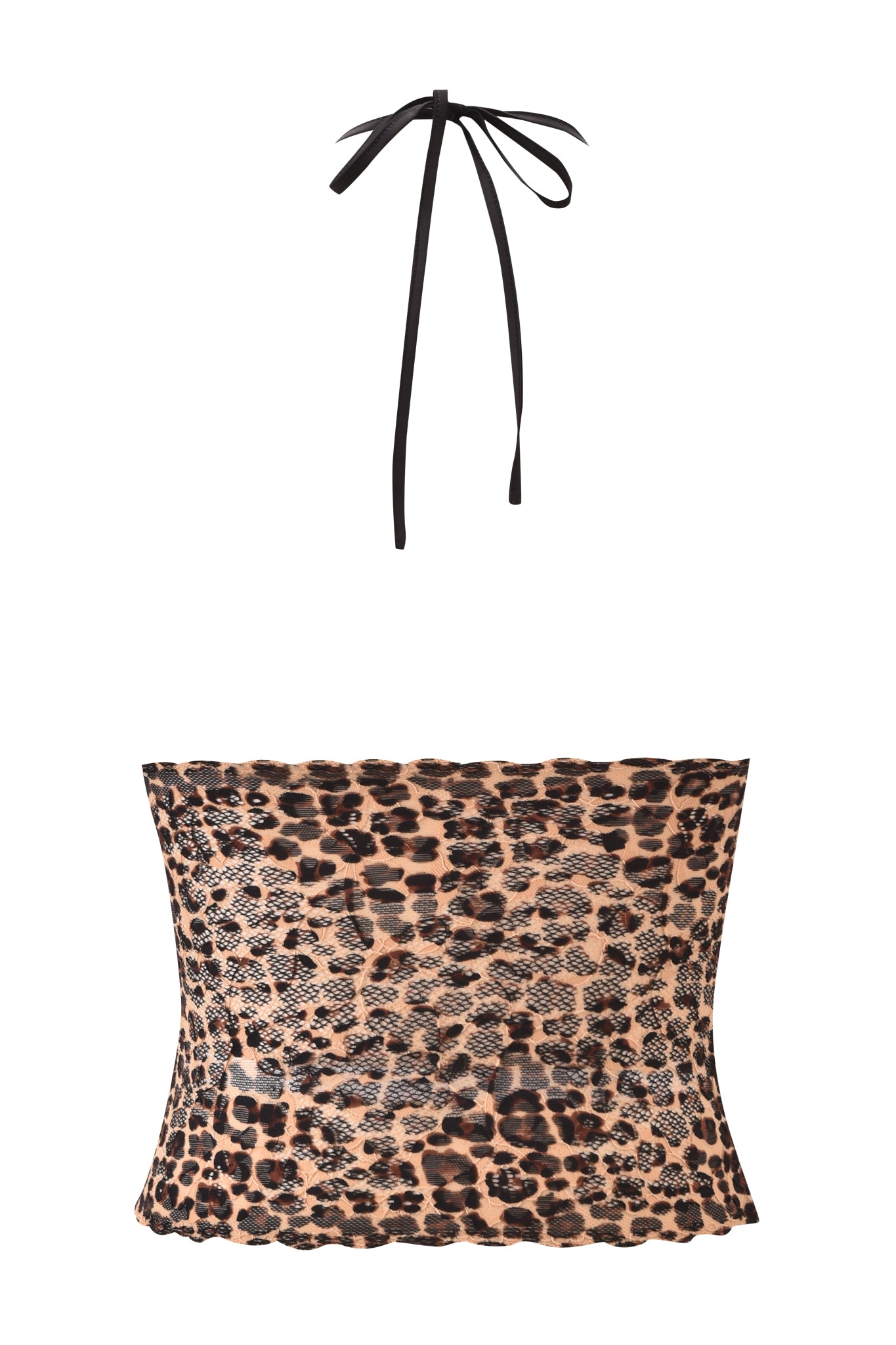 The I.AM.GIA GEM HALTER TOP - LEOPARD features a bodycon fit, black tie strap, slightly flared shape, and scalloped lace trim at the hem. Shown against a plain white background.