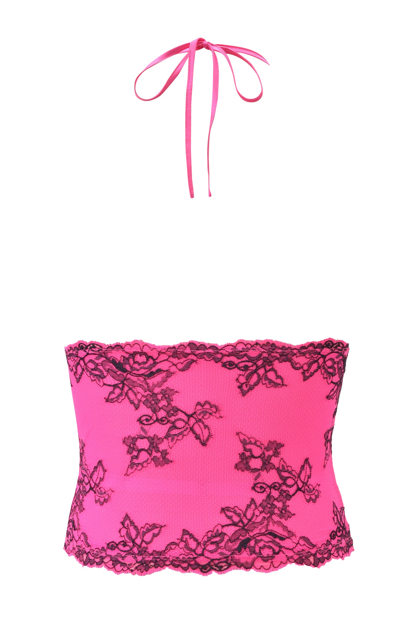 The I.AM.GIA GEM HALTER TOP in hot pink is a bodycon fit with black floral lace overlay, scalloped trim, and matching halter neck straps tied in a bow.