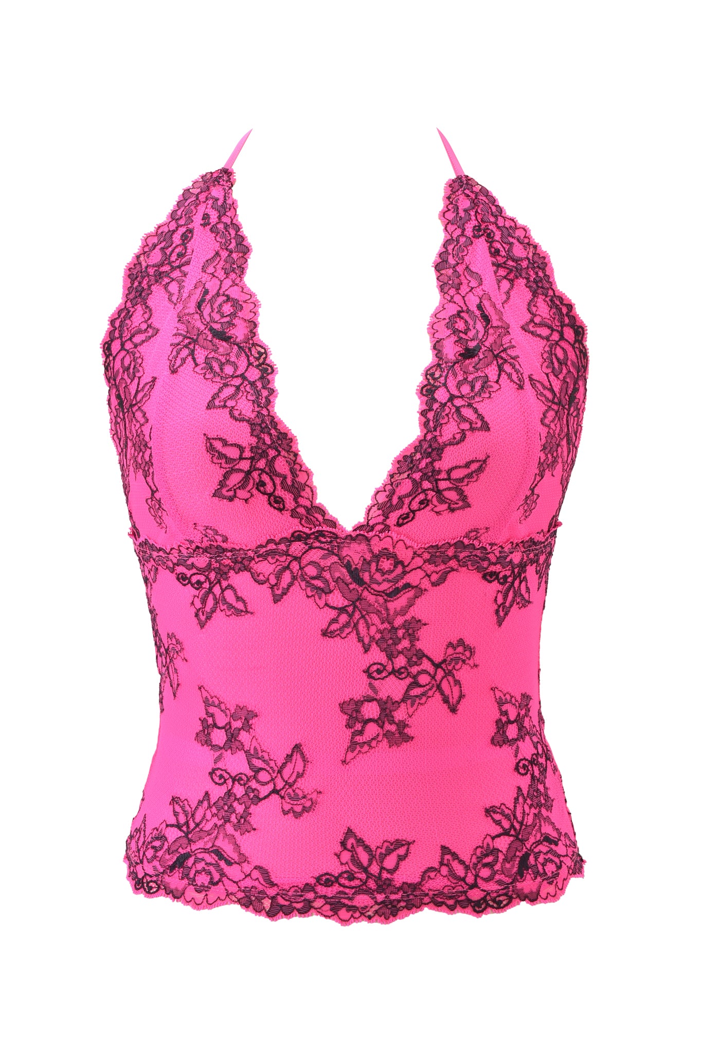 The GEM HALTER TOP - HOT PINK by I.AM.GIA is a fitted, sleeveless halter top with black floral lace overlay, deep V-neckline, scalloped edges, and semi-sheer lace for an effortlessly chic look.