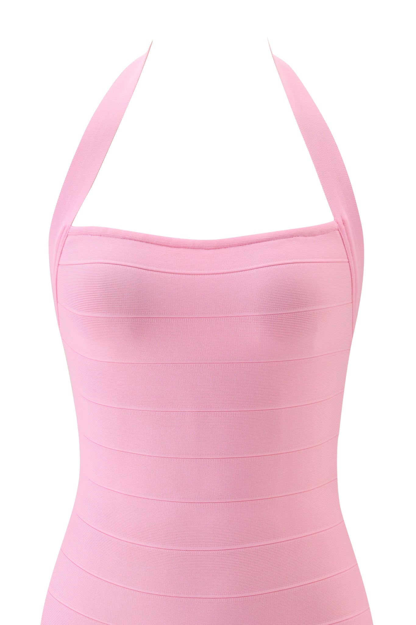 A close-up of the I.AM.GIA AIDEN BANDAGE MINI DRESS in pink, featuring horizontal banding and a sleeveless halter neck design, displayed on a mannequin against a white background.