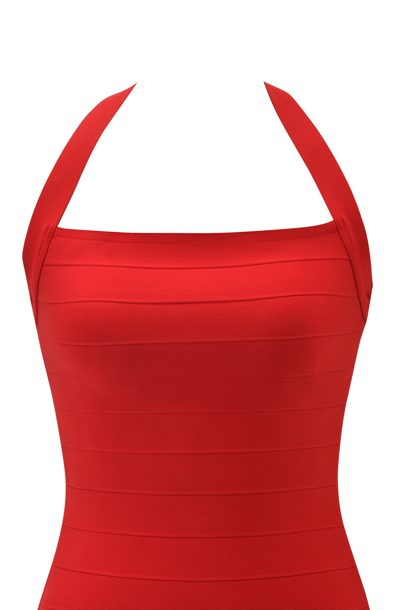 A close-up of the I.AM.GIA AIDEN MINI DRESS - RED, a sleeveless, fitted bandage mini dress featuring a halter neck and horizontal banded detailing, displayed on a white background.