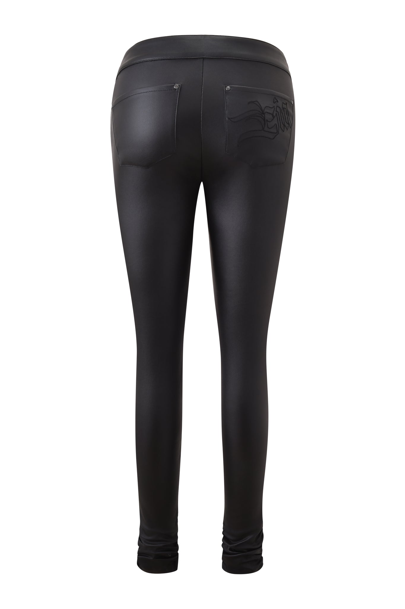 The I.AM.GIA JETT PANT in black features a fitted, high-waisted design with two rear pockets and a smooth, shiny faux leather finish for a sleek, waxed-jeans look. Shown from the back.