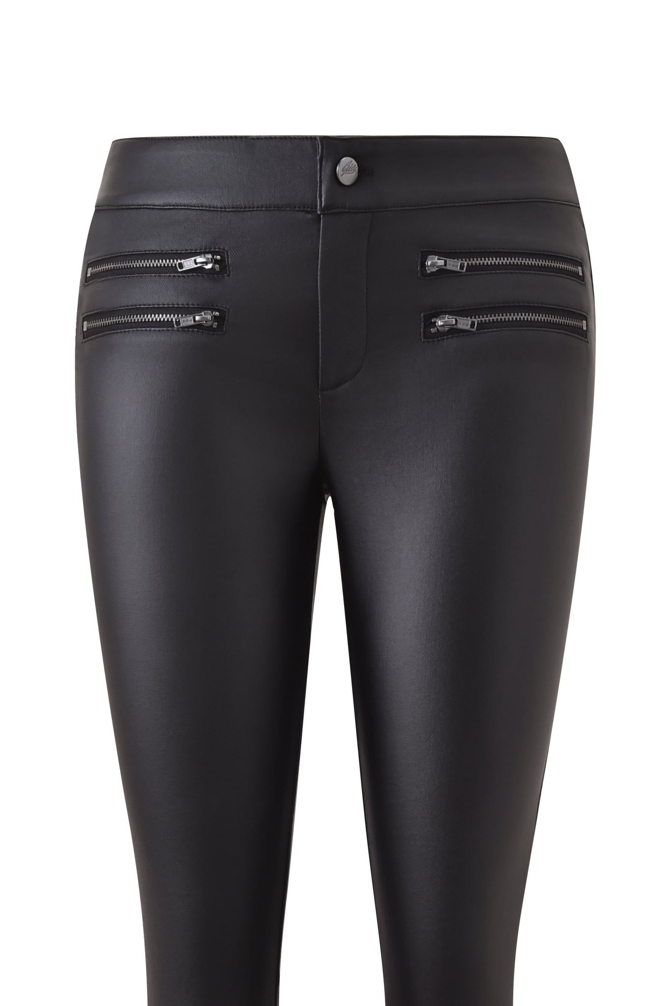 Close-up of the I.AM.GIA JETT PANT - BLACK: black faux leather skinny jeans with a high waist and four horizontal zippered pockets, two on each hip, shown against a plain white background.
