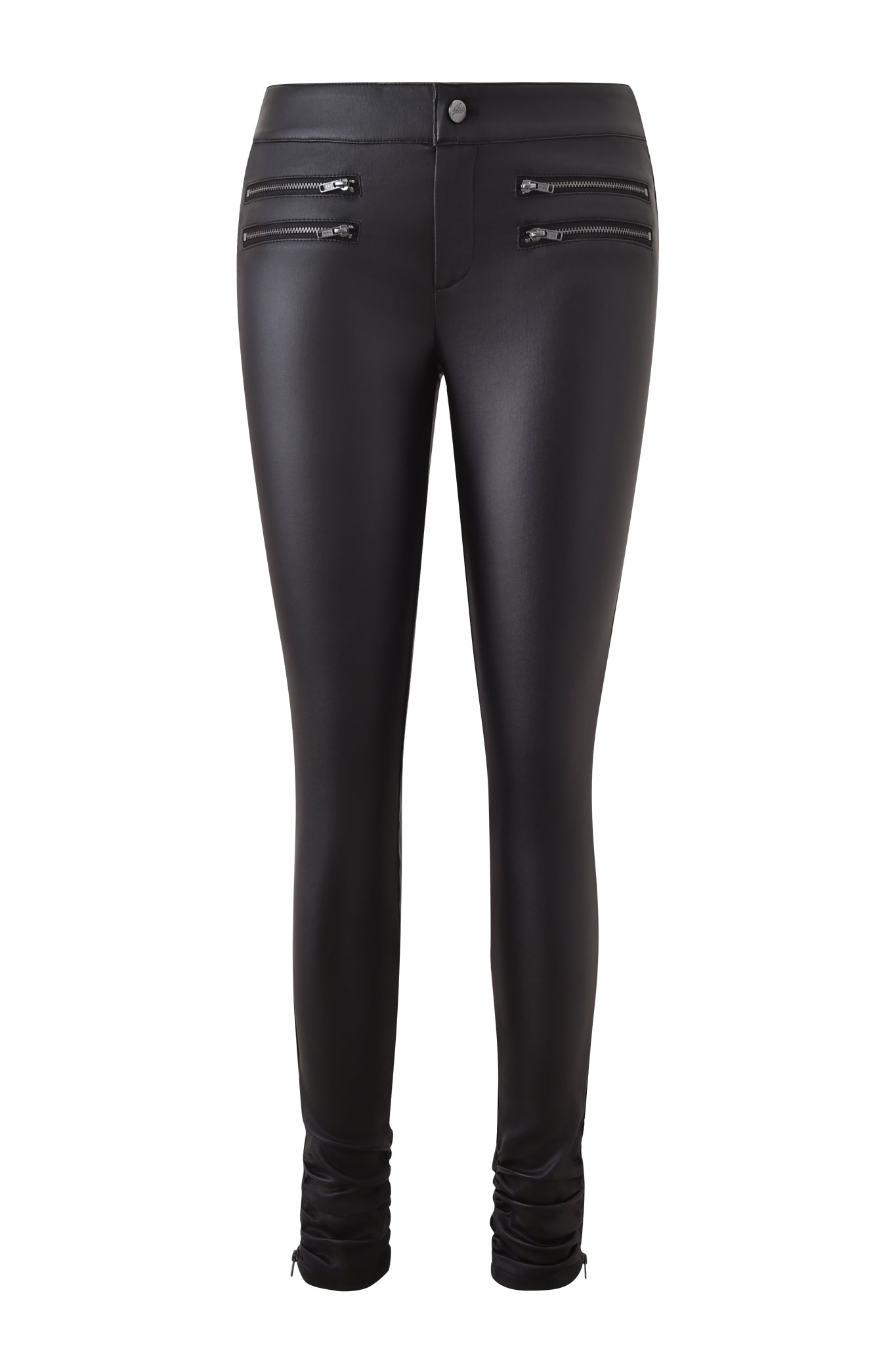 The JETT PANT - BLACK by I.AM.GIA features a waxed finish, front button closure, two front zipper pockets per side, and ruched ankle detailing, shown on a plain white background.
