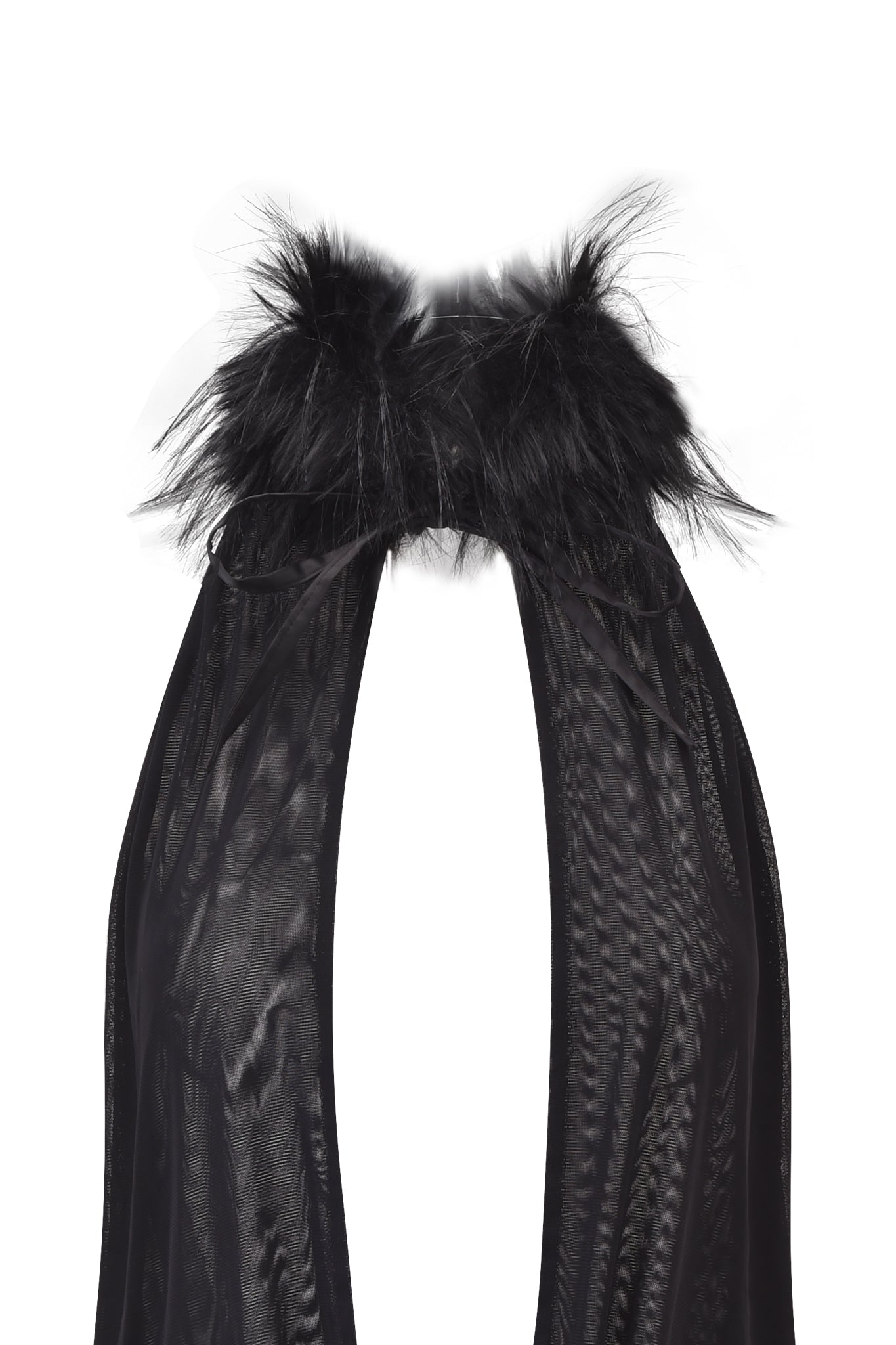 A close-up of the I.AM.GIA YARA MINI DRESS in black, featuring a sheer halter neck design, feather-trimmed neckline, and small black satin bows, set against a white background.