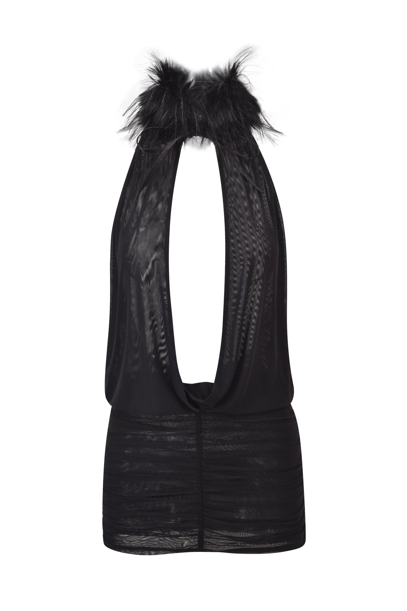 The YARA MINI DRESS by I.AM.GIA is a sleeveless, sheer black halter neck mini dress with a plunging neckline, feather trim at the neck, semi-transparent fabric, and subtle ruching at the waist for a sleek and bold look.