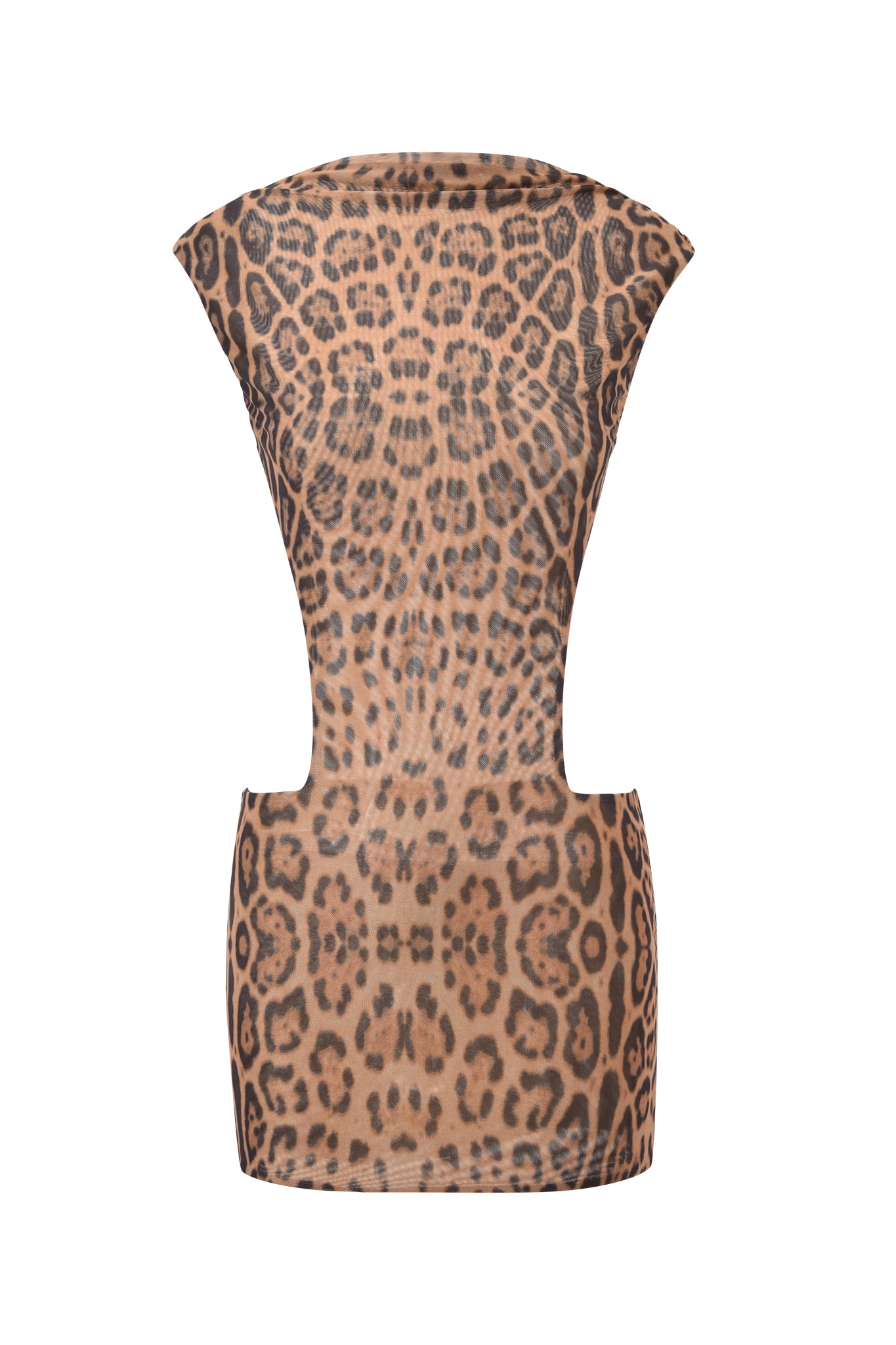 The CORALINE MINI DRESS - PANTHERA by I.AM.GIA is a sleeveless bodycon micro mini dress in a tan, brown, and black leopard print, featuring bold side cut-outs at the waist and showcased against a white background.