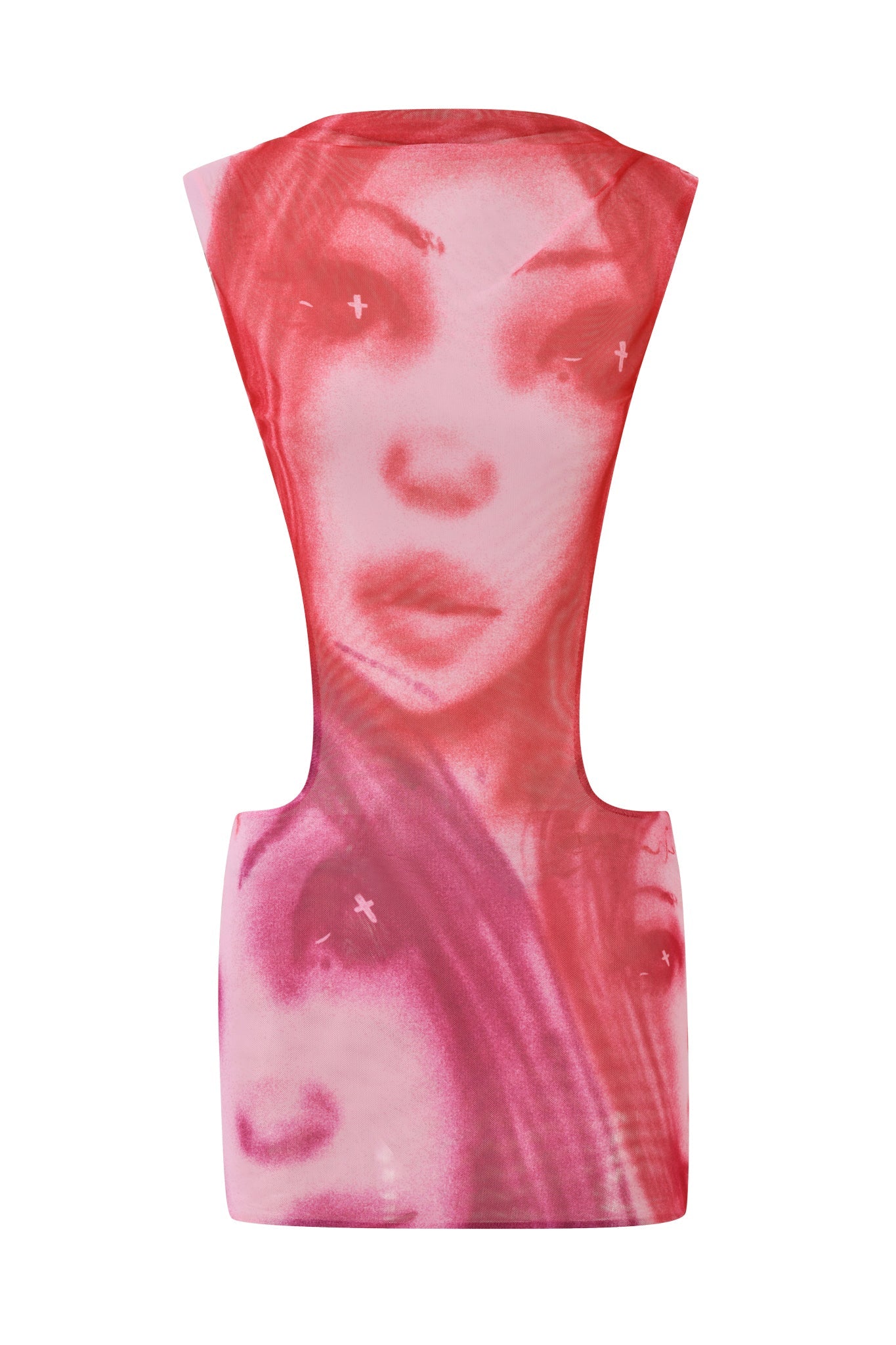 Introducing the T-REX CORALINE MINI DRESS in Pink by I.AM.GIA—a sleeveless, backless dress featuring a striking pink and red airbrushed design with abstract faces reminiscent of I.AM.GIA’s signature prints. Crafted from stretch fabric that narrows at the waist, this bold mini dress creates a unique silhouette perfect for making a festival statement.