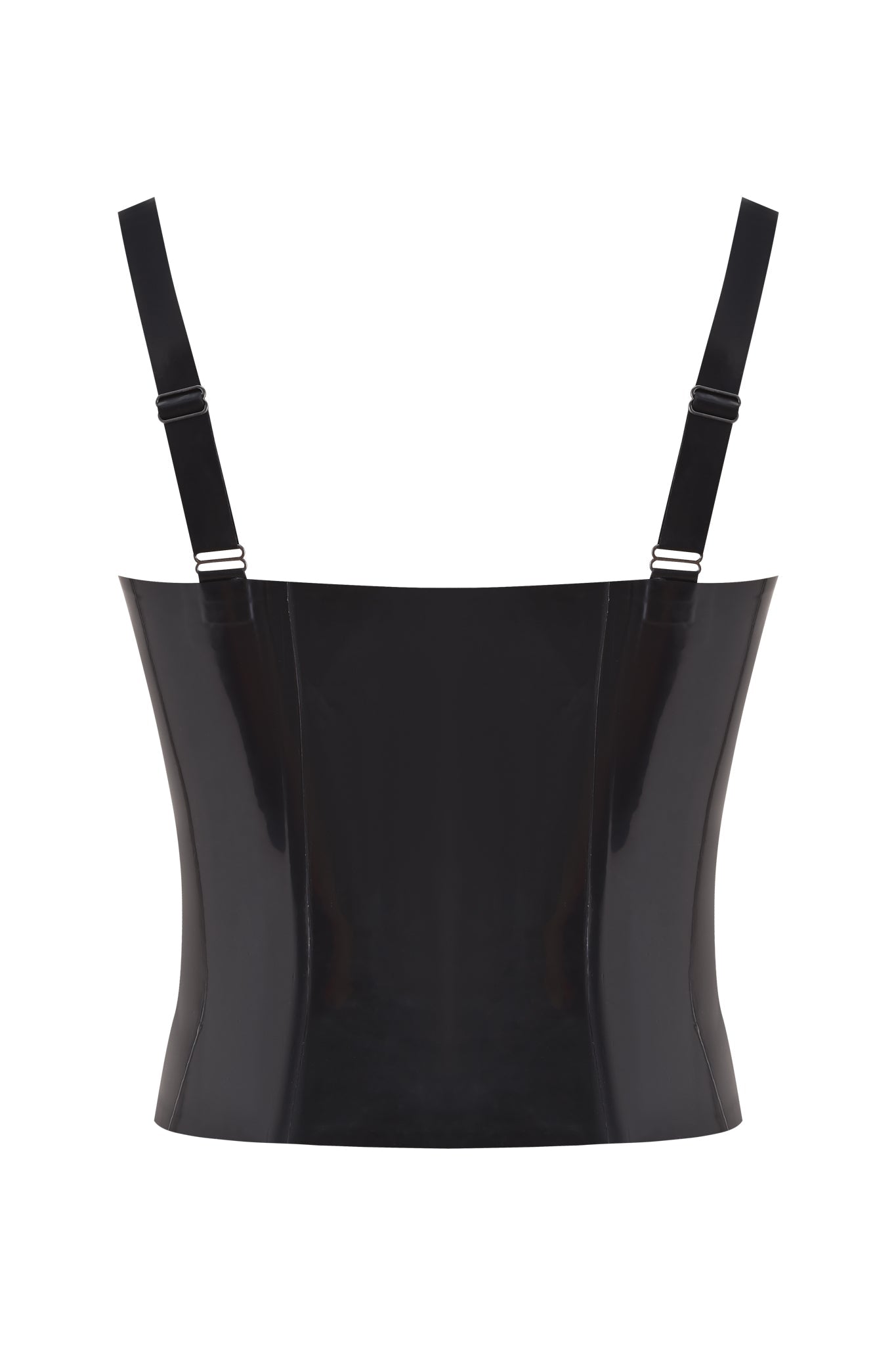 The I.AM.GIA BUFFY LATEX CORSET - BLACK features a bodycon fit, adjustable shoulder straps, sleek structured design, glossy finish, and an elegant sweetheart neckline. Shown on a white background.