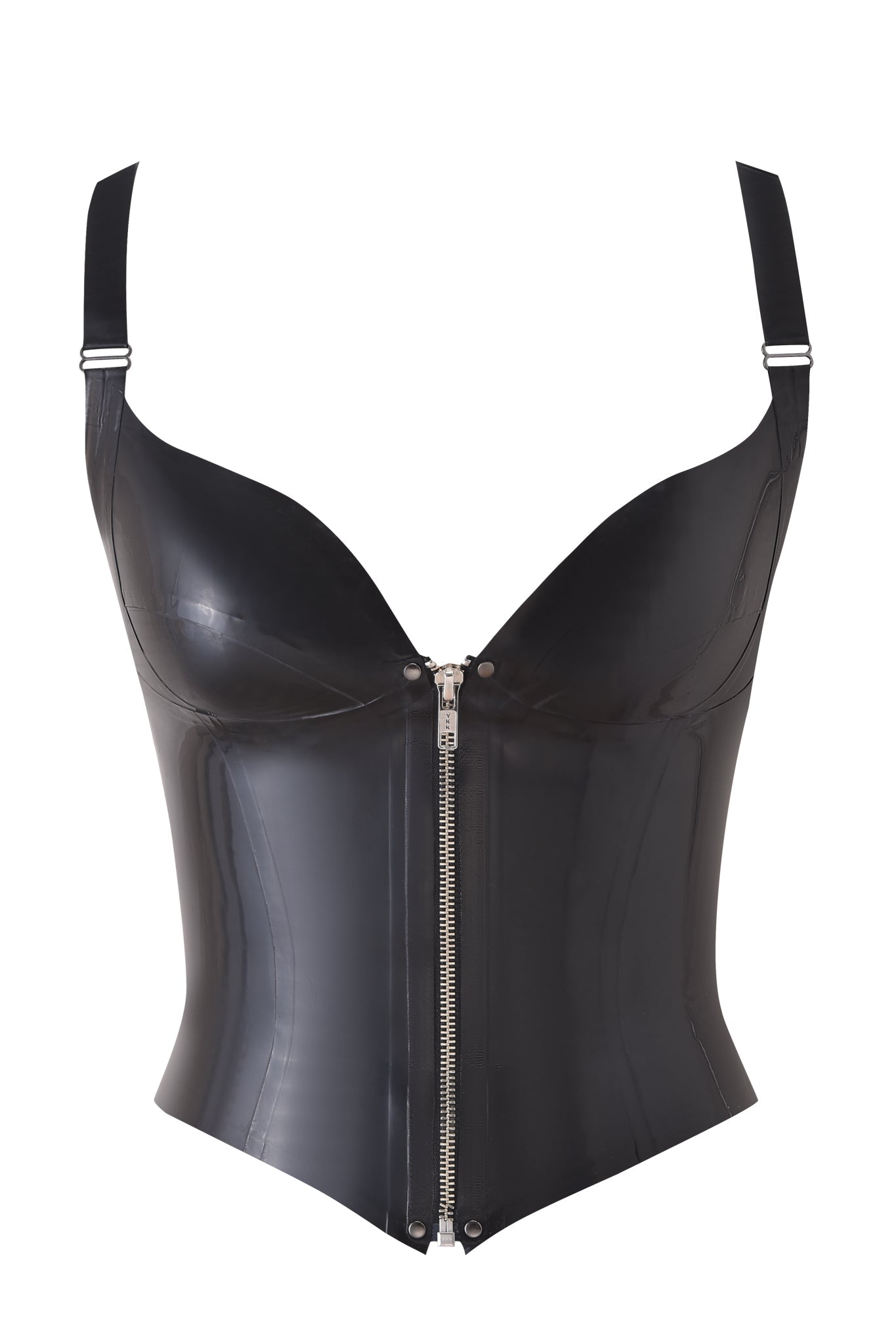The BUFFY LATEX CORSET - BLACK by I.AM.GIA features a sweetheart neckline, adjustable shoulder straps, and a front zipper closure, shown against a white background.