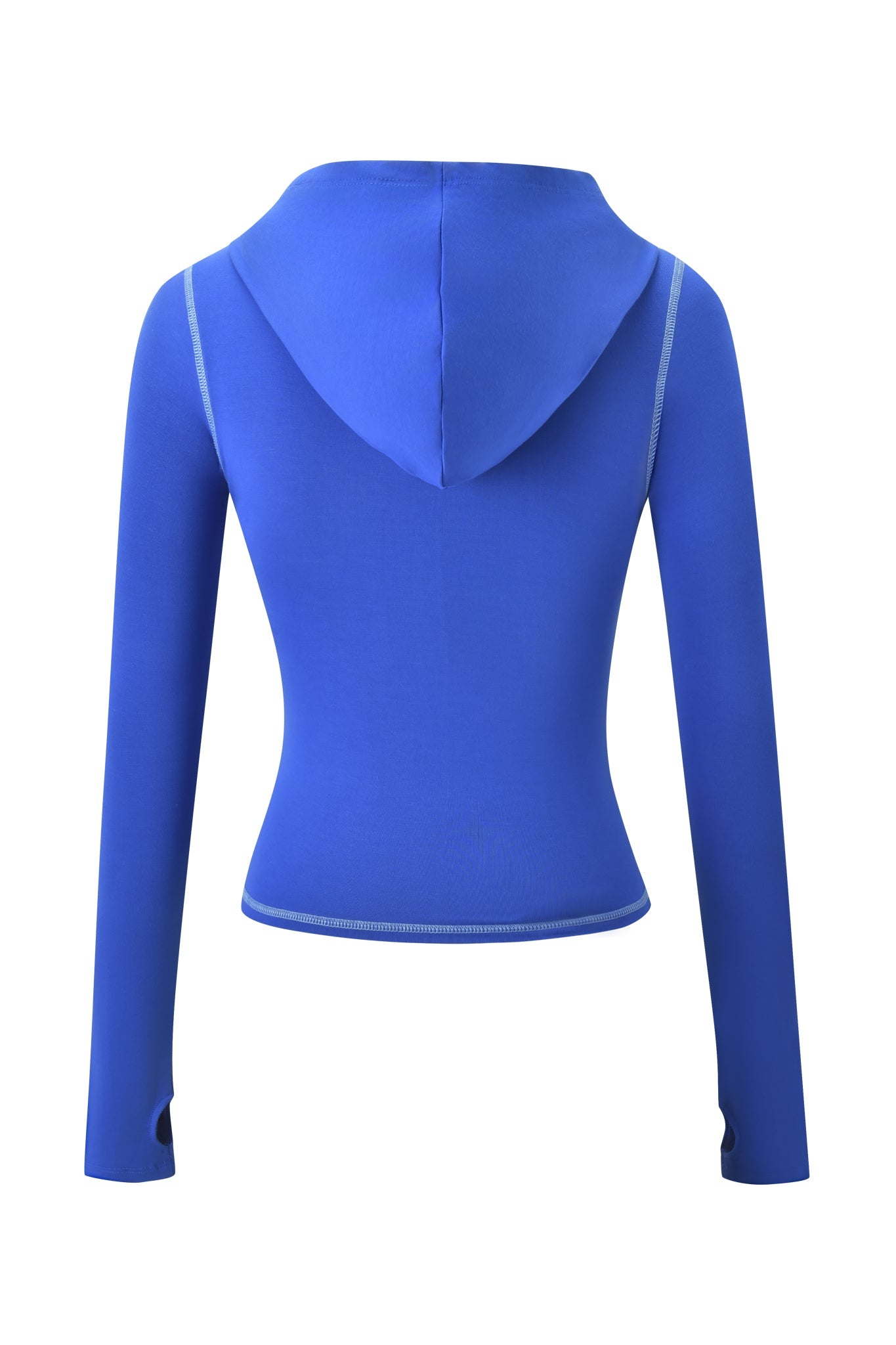 The I.AM.GIA BLARE FORM POCKET HOODIE - COBALT FOIL is a royal blue, long-sleeve bodycon hoodie with contrast seam stitching and thumb holes, shown from the back against a white background.