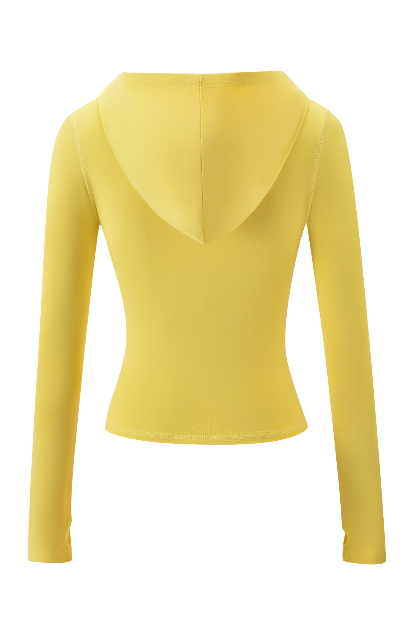 Back view of the I.AM.GIA BLARE FORM POCKET HOODIE in yellow gold foil, featuring a bodycon fit, long sleeves, cropped hem, zip-up front, and attached hood against a white background.