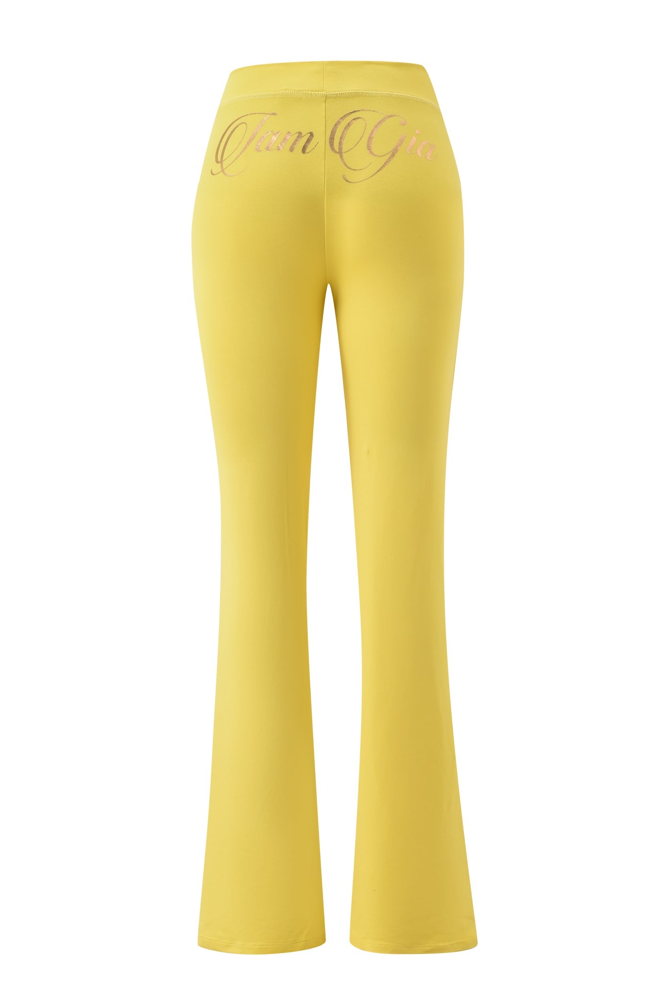 The BLARE FORM POCKET TRACKPANT by I.AM.GIA features a flared yellow design with sculpted Form fabric and "Iam Gia" in pink script across the back waistband.
