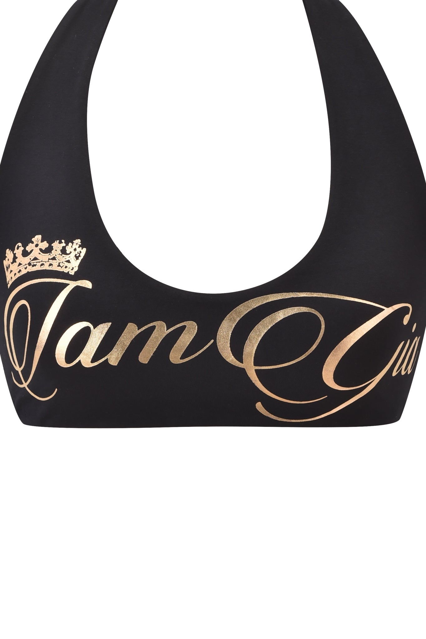 The BLARE FORM HALTER CROP TOP by I.AM.GIA is a black bodycon halter crop top featuring gold “I am Gia” script and a gold crown graphic above the "I".