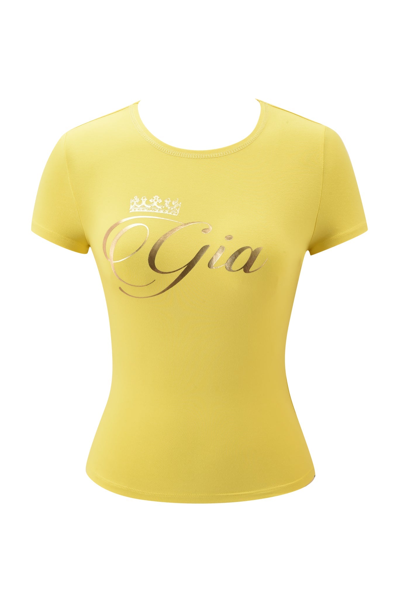 The I.AM.GIA BLARE FORM TEE - YELLOW GOLD FOIL is a yellow, short-sleeve baby tee with a form-fitting silhouette. "Gia" in gold script and a gold crown graphic above the "G" are printed on the front. Shirt shown on a white background.