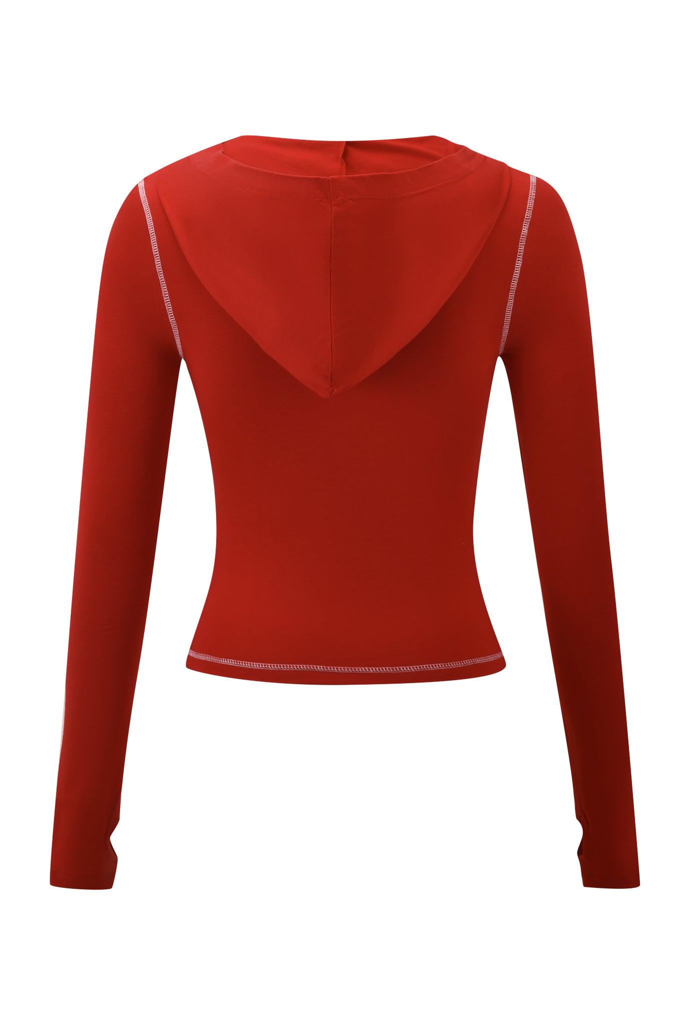 A fitted, long-sleeve I.AM.GIA BLARE PANELLED HOODIE in red with white stitching is shown from the back on a white background. This sporty hoodie has a cropped cut and an attached hood for a bold, modern style.