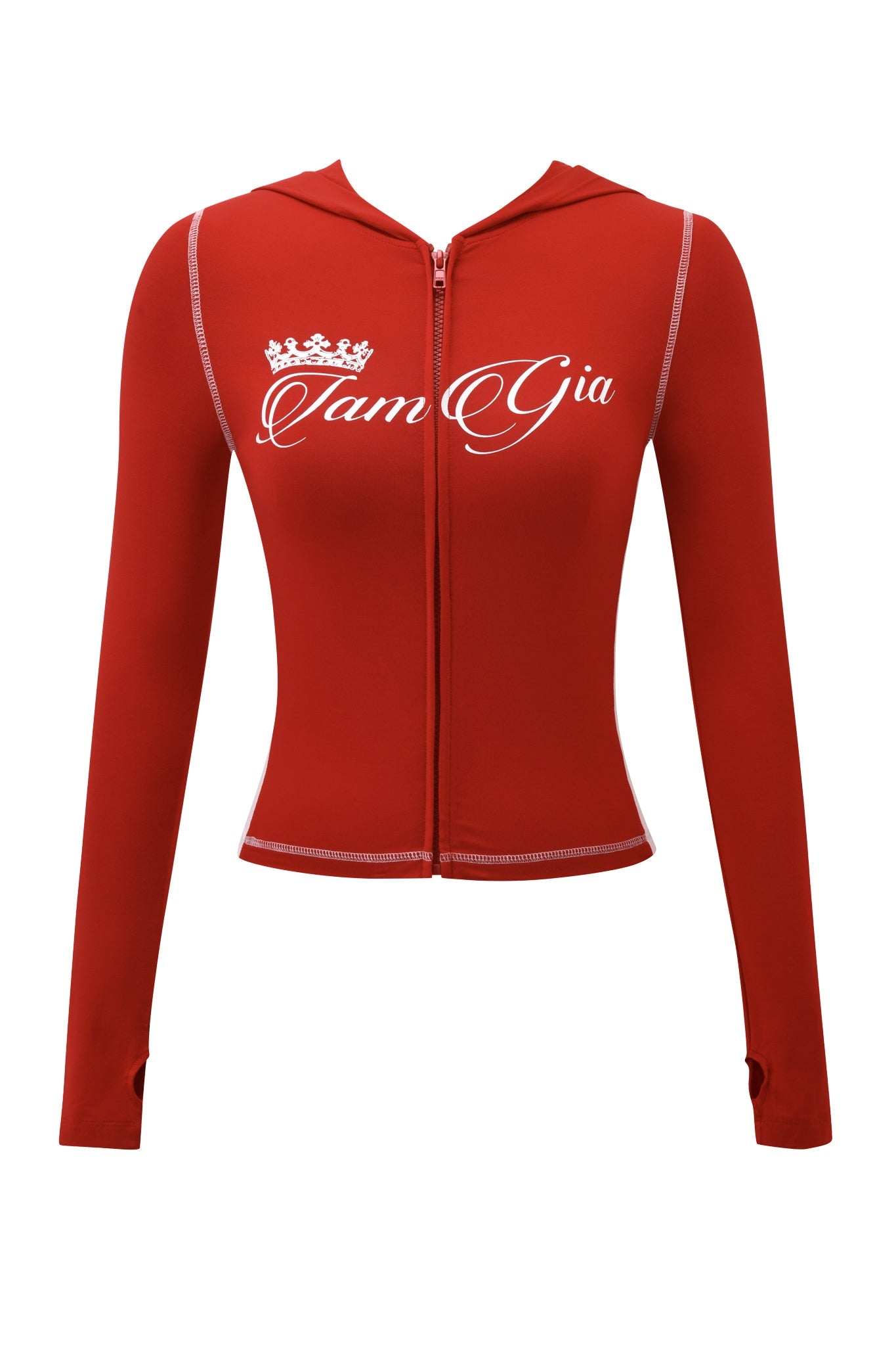The I.AM.GIA BLARE PANELLED HOODIE in red is a fitted, long-sleeve zip-up with "Tam Gia" and a crown graphic in white on the chest, visible white stitching, and thumb holes at the sleeve ends.