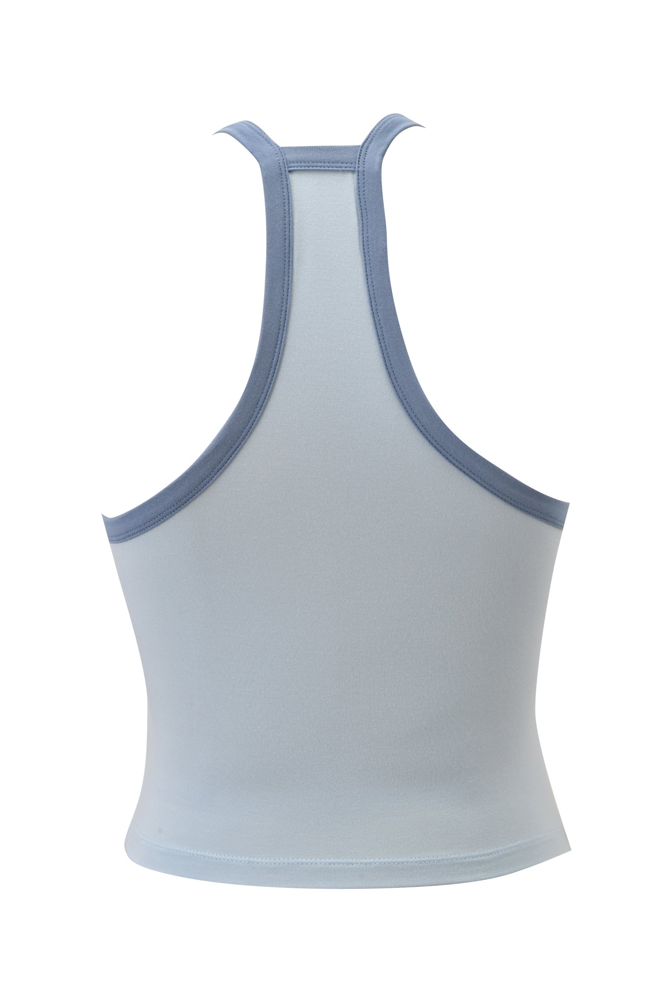 The I.AM.GIA BLARE V-NECK TANK - TWO TONE POWDER BLUE features a racerback design, darker blue edging, and a body-hugging, stretchy fit for comfort. Shown is the stylish back view of this eye-catching tank top.
