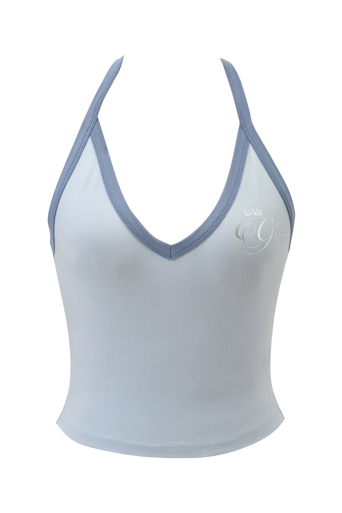 The I.AM.GIA BLARE V-NECK TANK - TWO TONE POWDER BLUE is a light blue, body-hugging halter neck top with darker blue trim, deep V-neckline, and an embroidered white crown and "Girl" on the left chest. Photographed on a plain white background.