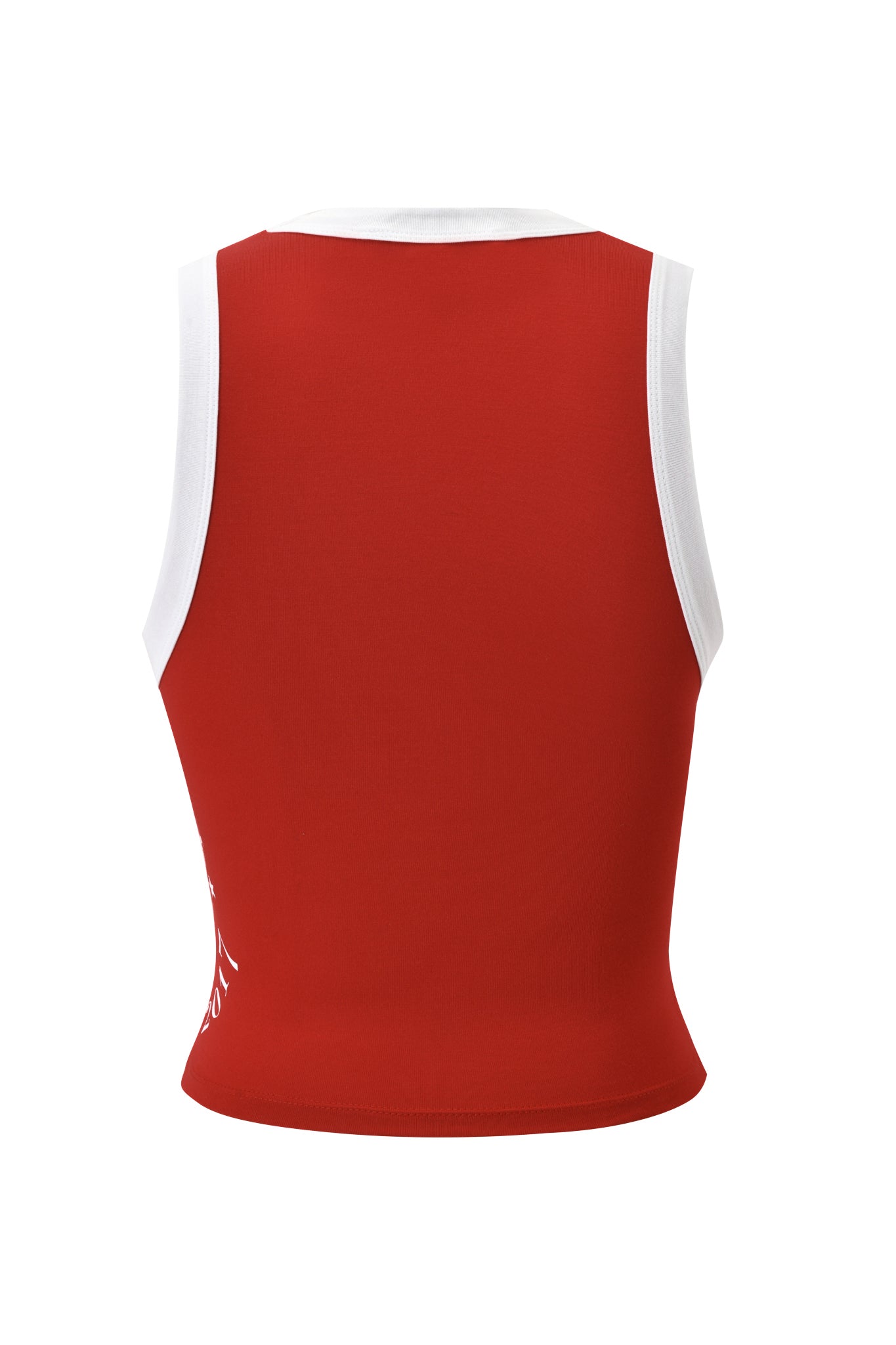 The BLARE BIND TANK - RED by I.AM.GIA features a sporty red and white design with white trim on the armholes and neckline, displayed from the back against a white background.