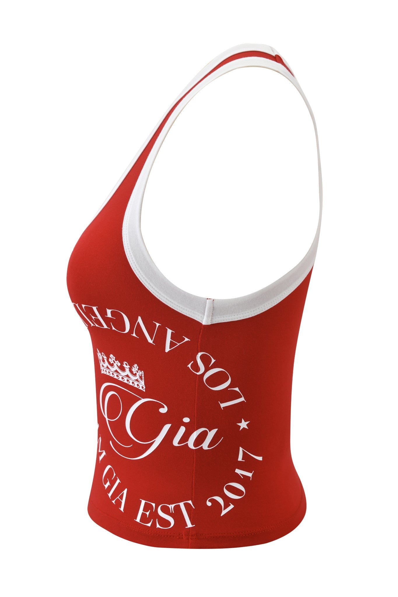 The BLARE BIND TANK - RED by I.AM.GIA is a sporty red and white bamboo tank with thin straps, featuring “Gia” in white, a crown graphic, and “Los Angeles EST 2017” in a circular front design.
