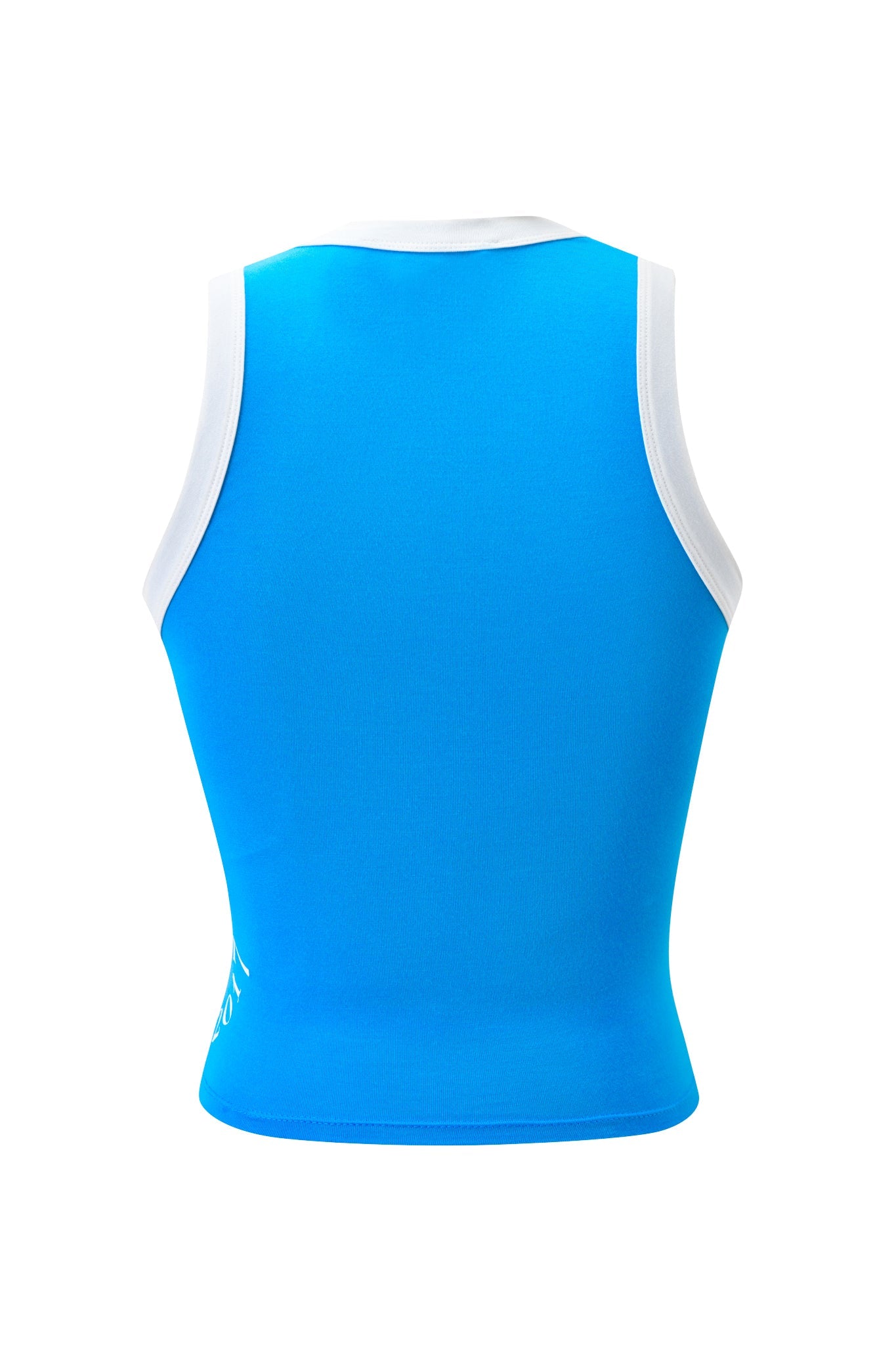 The I.AM.GIA BLARE BIND TANK in sky blue features white trim at the armholes and neckline, crafted from soft bamboo viscose, shown from the back on a plain white background.