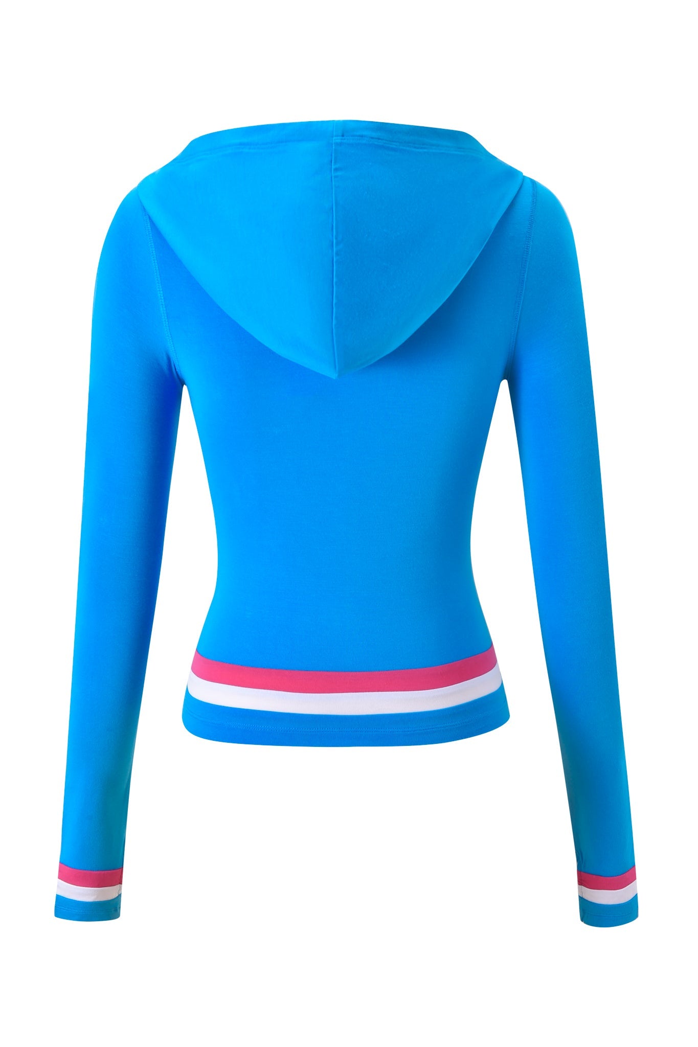 Back view of the I.AM.GIA BLARE STRIPED HOODIE - SKY BLUE, a fitted long-sleeve hoodie with white, pink, and dark blue striped hem and cuffs for a sporty touch. No visible logos or patterns.