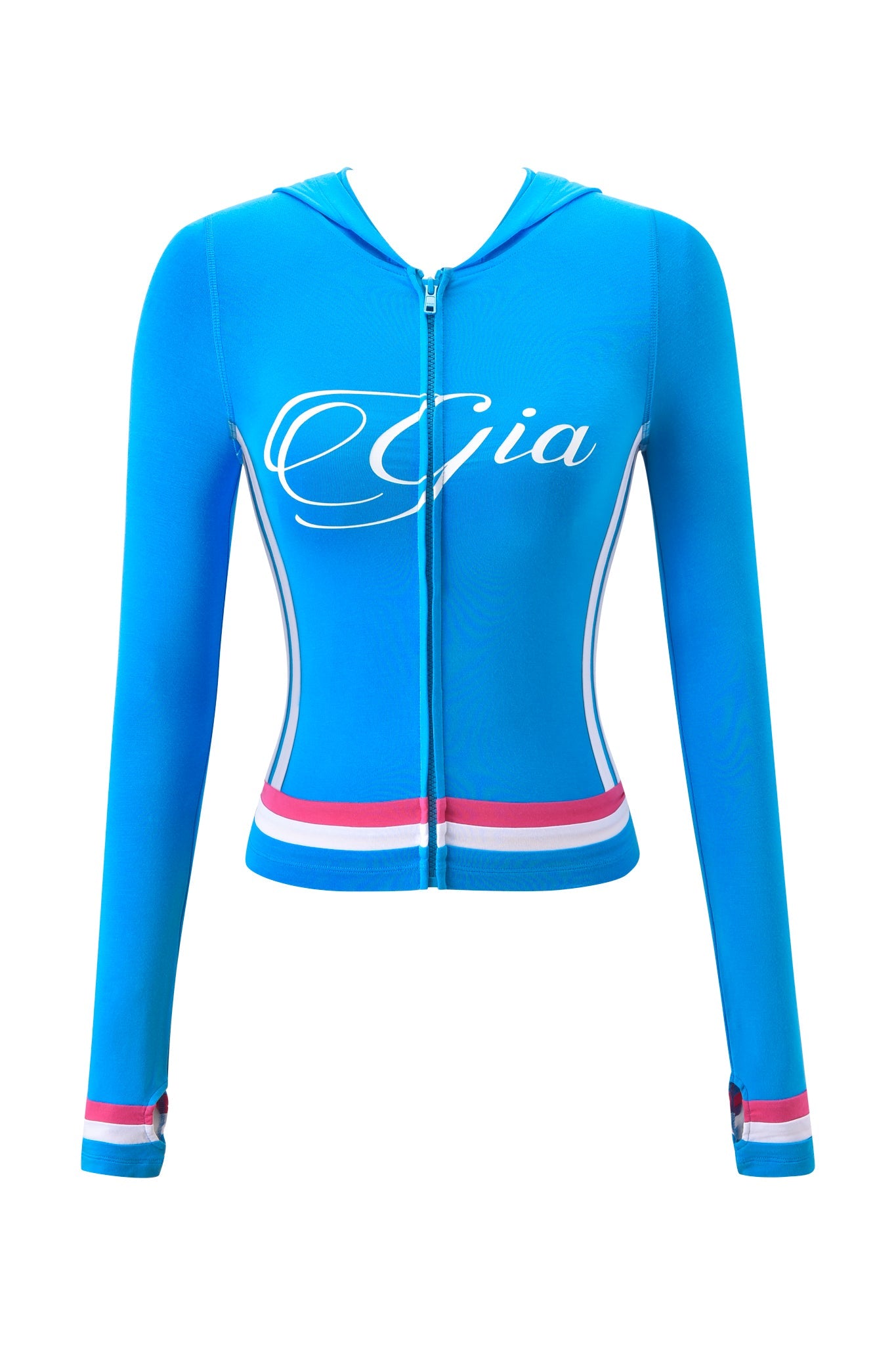 The BLARE STRIPED HOODIE - SKY BLUE by I.AM.GIA is a long-sleeve zip-up featuring pink and white stripe details at the cuffs and waist, plus bold “Gia” lettering in white across the chest for a sporty edge.