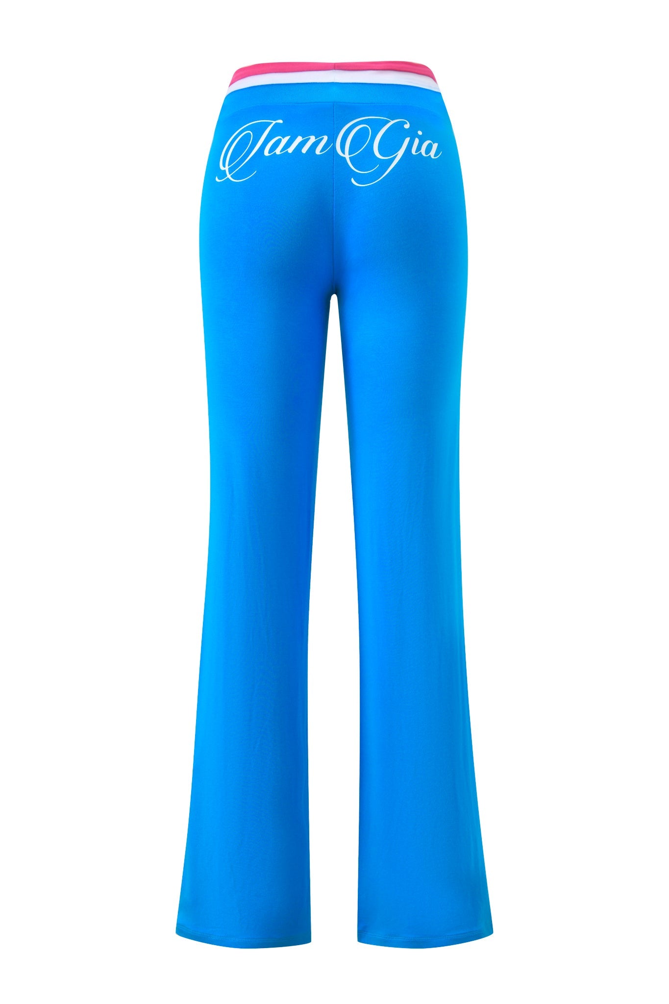 The BLARE STRIPED TRACKPANT in sky blue by I.AM.GIA features a pink and white waistband, low-rise waist, and "I.AM.GIA" written in white script across the back.