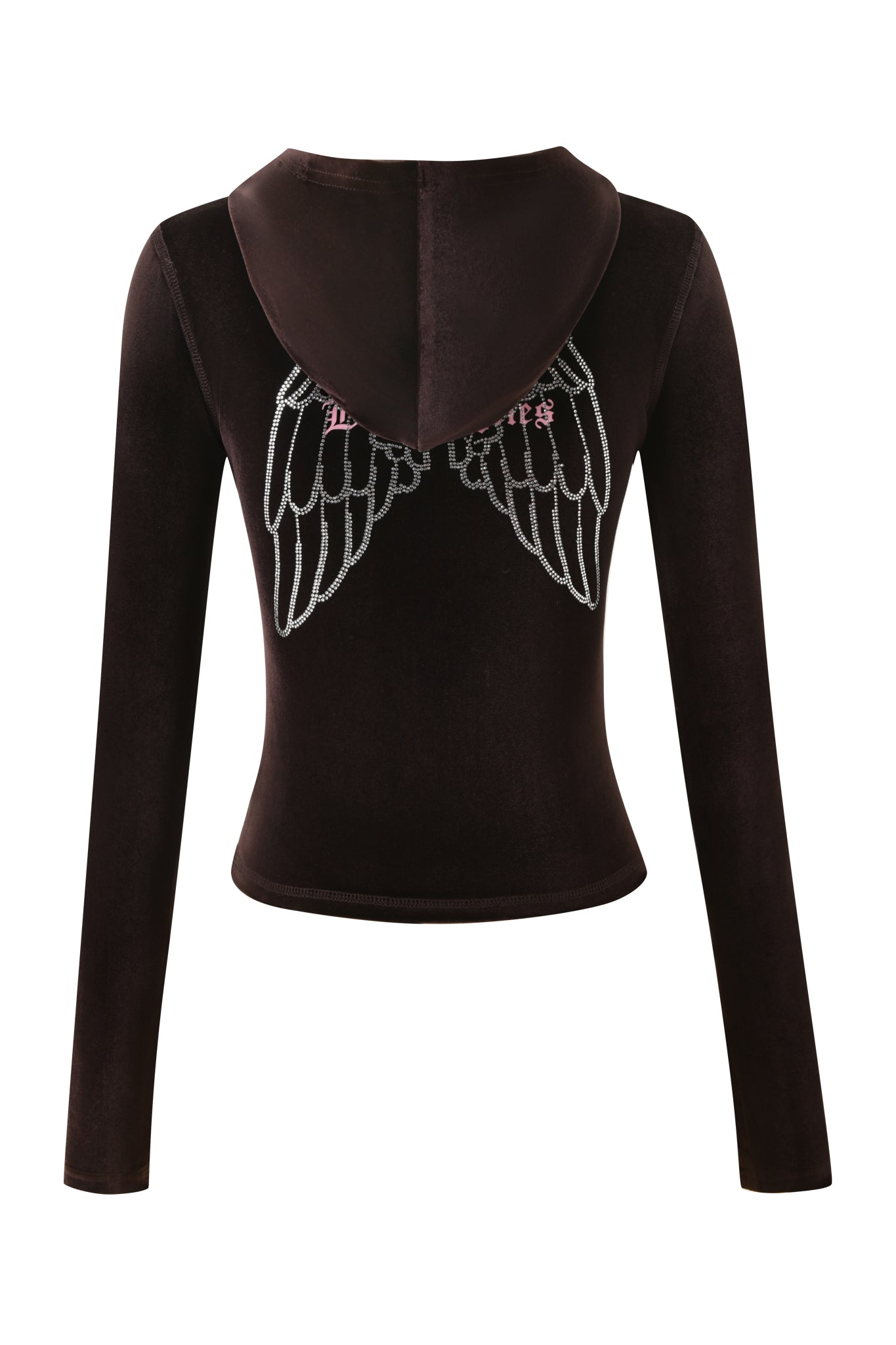 The I.AM.GIA BLARE VELOUR POCKET HOODIE in chocolate features long sleeves, a hood, bold silver angel wings on the back, and pink text above the wings. Made from velour for a stylish and unique touch.