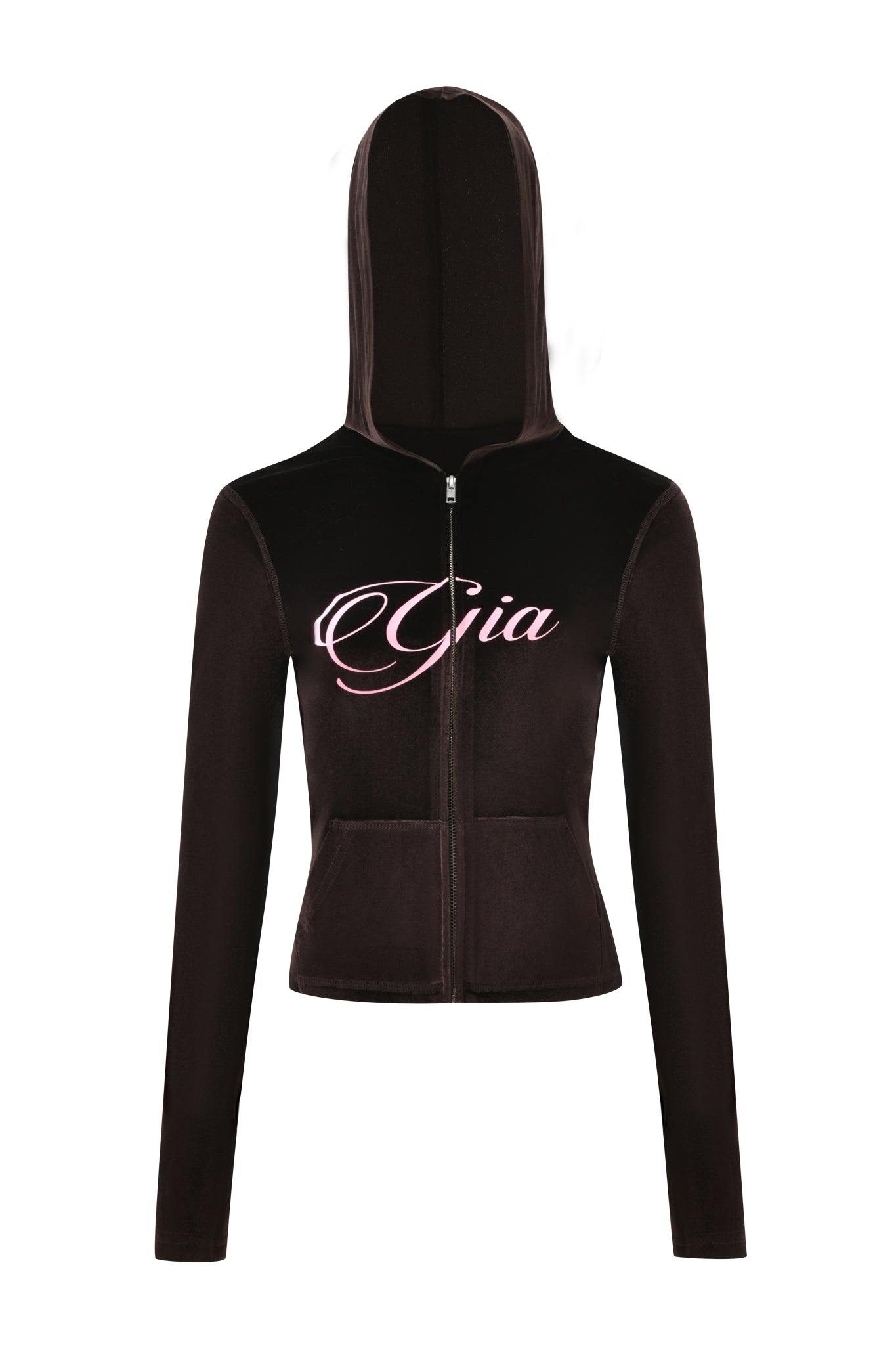 The BLARE VELOUR POCKET HOODIE by I.AM.GIA is a chocolate velour zip-up hoodie with a hood and front pockets, featuring "Gia" in large pink cursive letters across the chest.