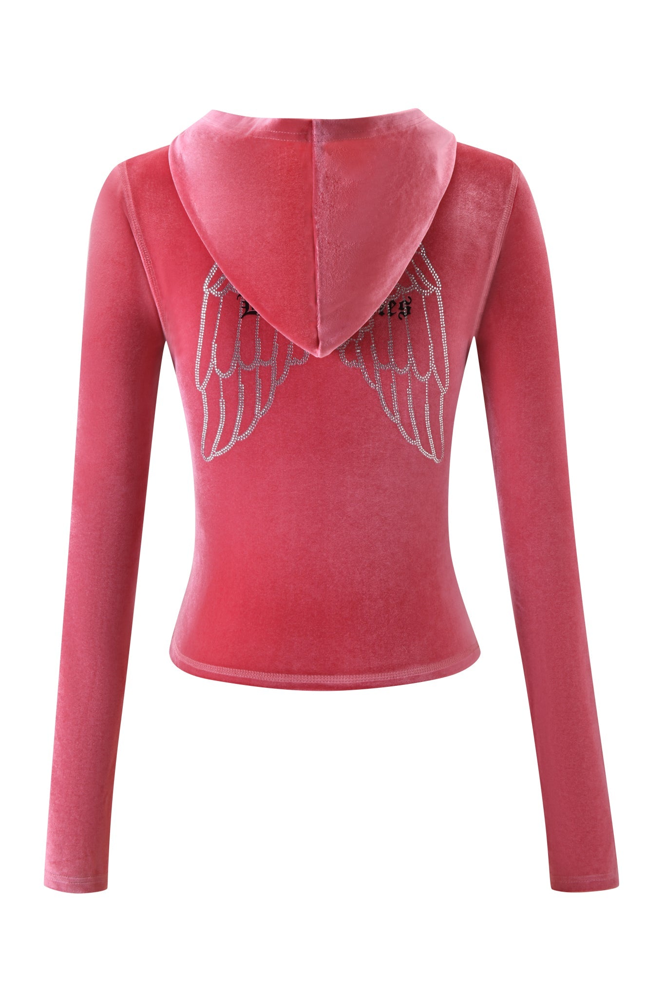 The I.AM.GIA BLARE VELOUR POCKET HOODIE in pink features long sleeves, silver diamanté angel wings on the back, a fitted silhouette, and soft velour fabric for a plush, stylish look.